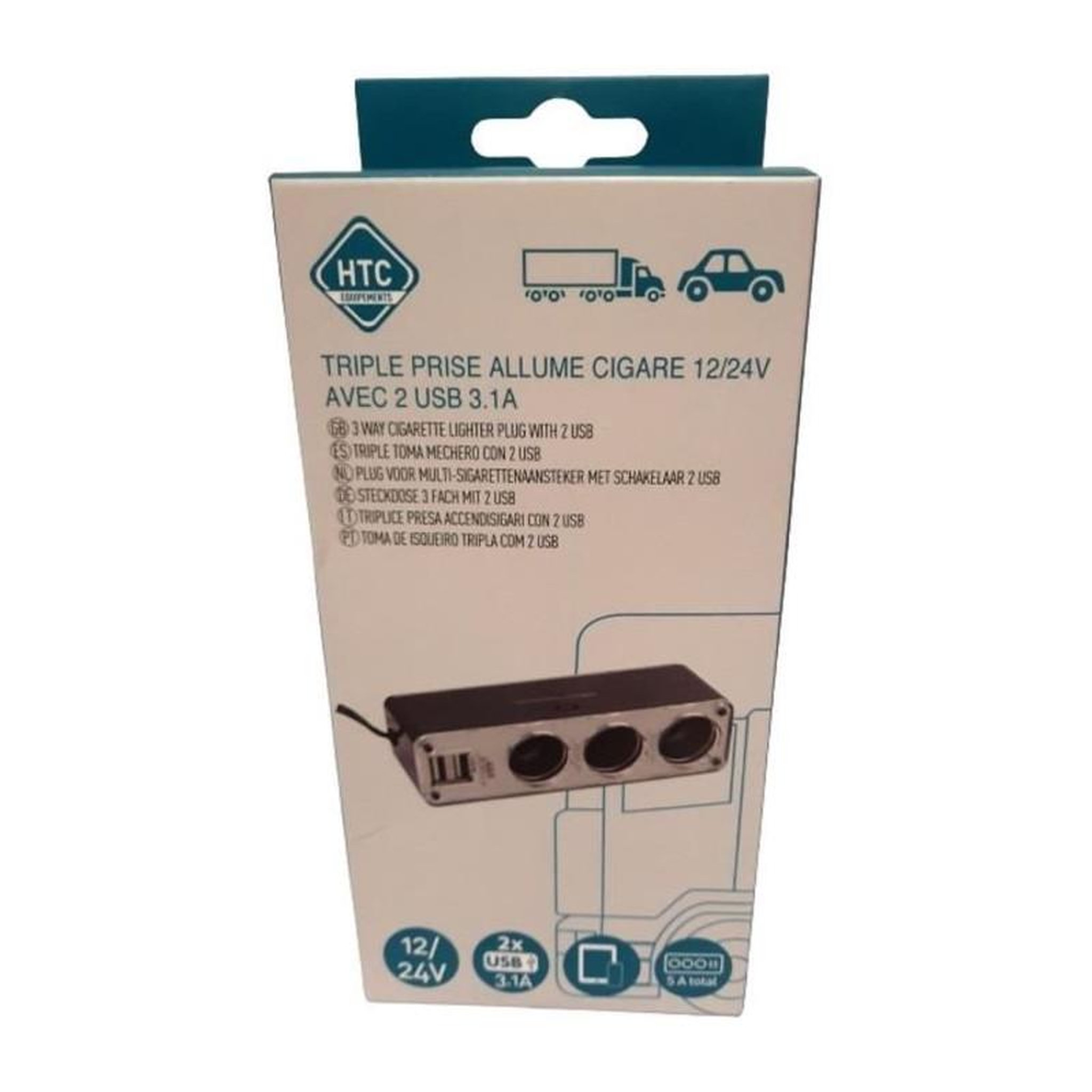 Voir la diapositive 2 : HTC EQUIPEMENT Triple prise allume-cigare 12/24V - HTC EQUIPEMENT - Avec deux USB 3.1A Total