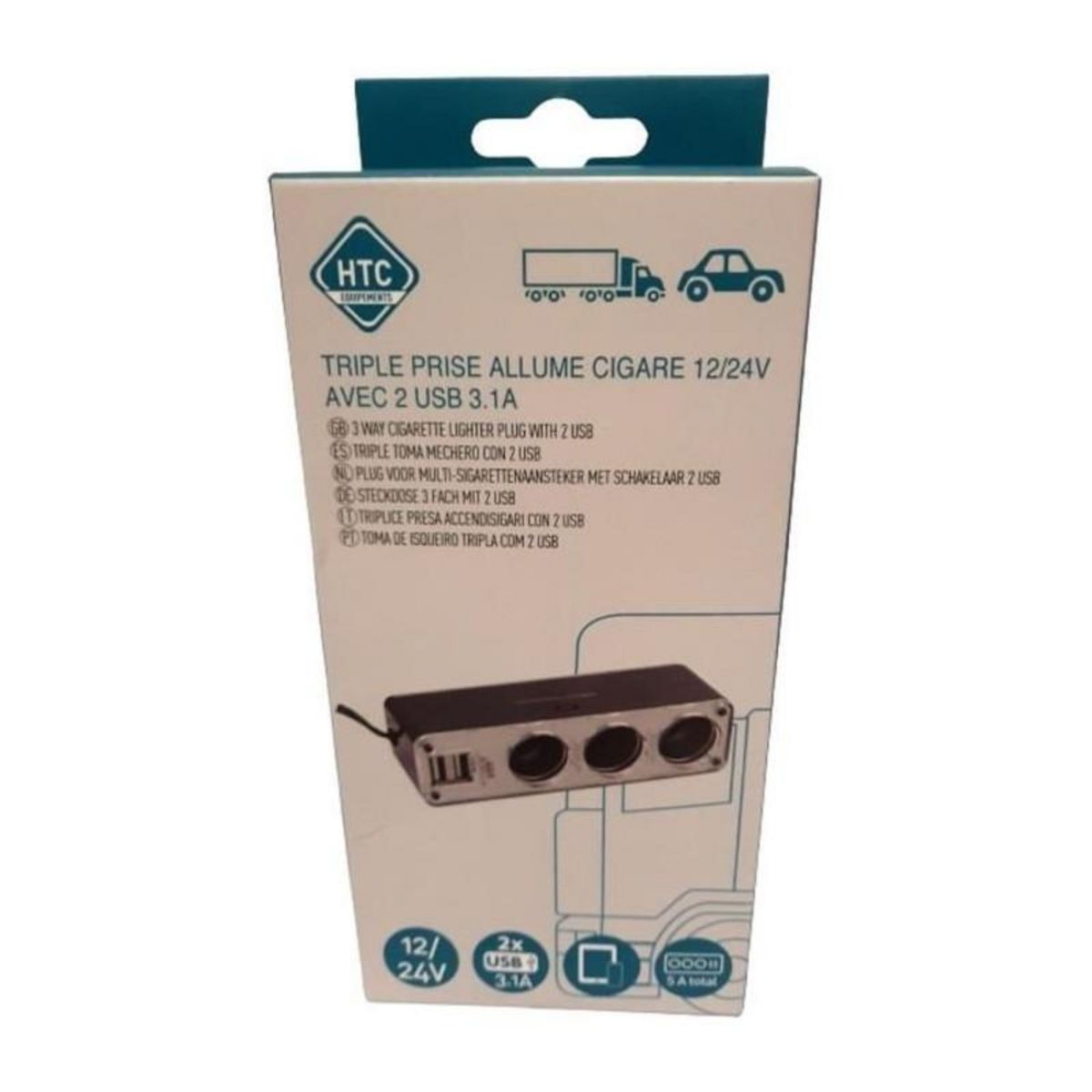 HTC EQUIPEMENT Triple prise allume-cigare 12/24V - HTC EQUIPEMENT - Avec deux USB 3.1A Total