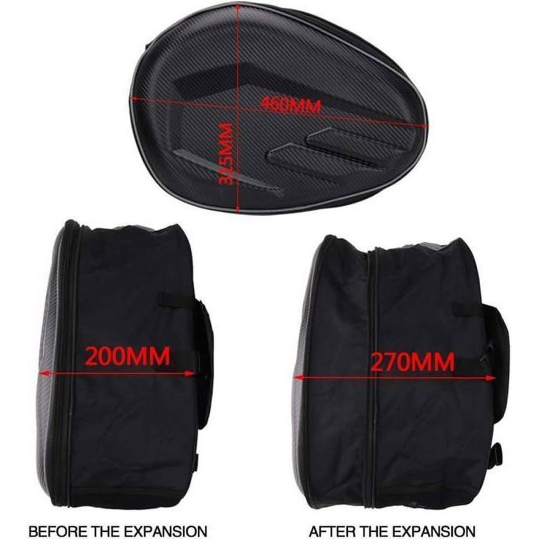 Voir la diapositive 2 : Sacs de moto imperméables extensibles 60 L noir style carbone, set 3 pièces (2 sacoches latérales + sac arrière/haut)