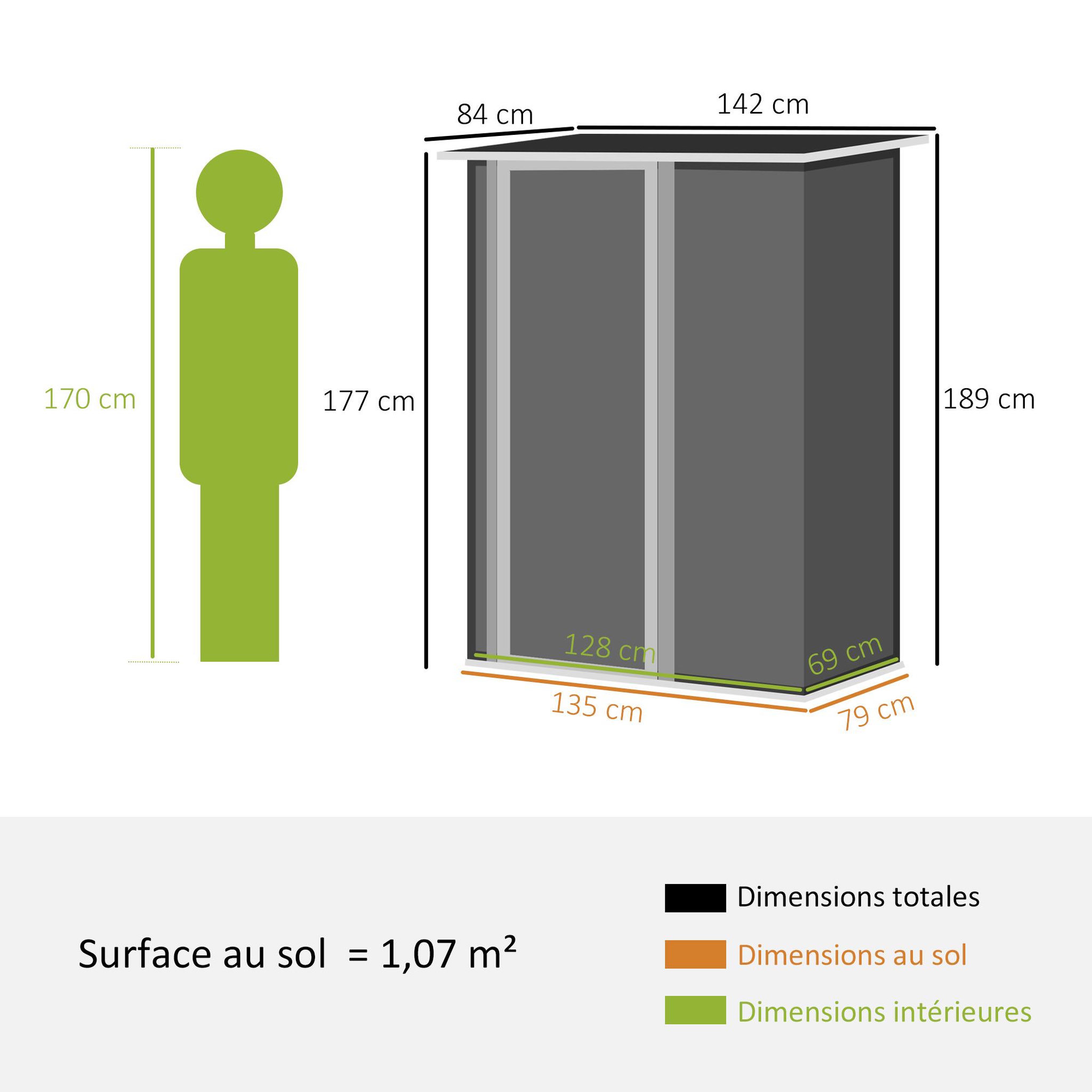 Voir la diapositive 3 : OUTSUNNY Abri de jardin - remise pour outils - cabanon porte verrouillable - dim. 142L x 84l x 189H cm - tôle d'acier anthracite blanc