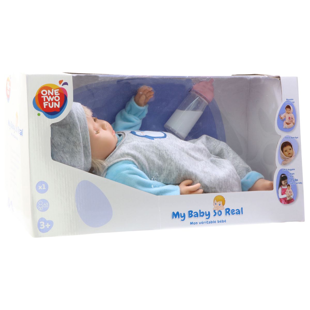 One Two Fun Mon véritable bébé 43 cm - pyjama pingouin gris et bleu