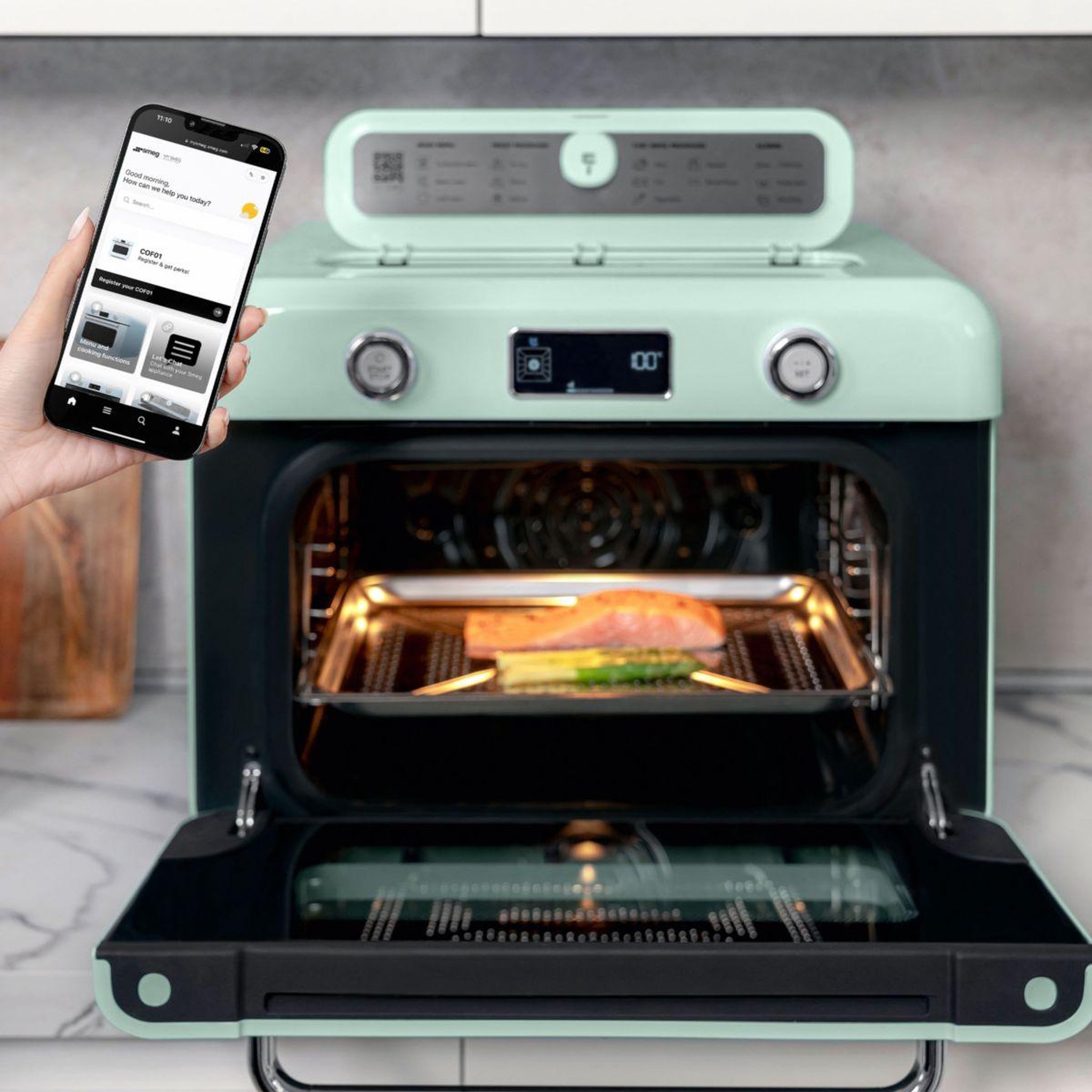 Voir la diapositive 5 : SMEG Mini four combiné vapeur 1800w vert d'eau - cof01pgeu