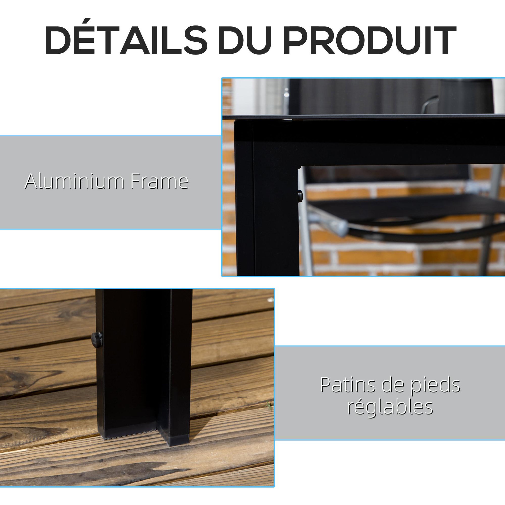 Voir la diapositive 5 : OUTSUNNY Table de jardin rectangulaire 6 personnes dim. 150L x 90l x 74H cm alu. plateau verre trempé noir