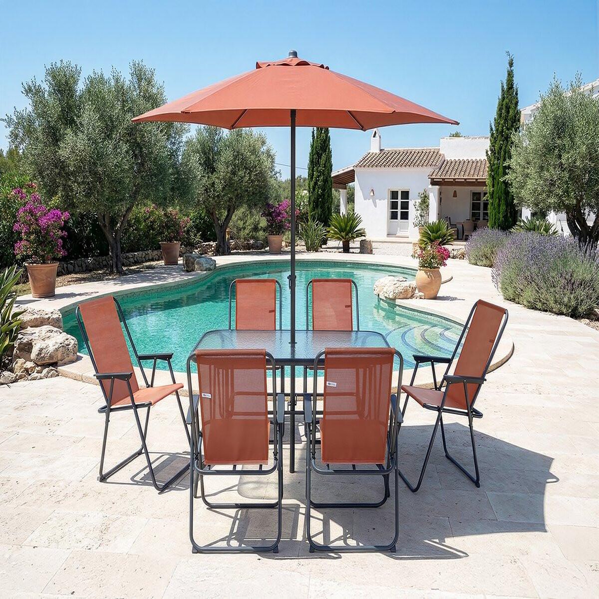 Voir la diapositive 2 : Habitat et Jardin Table et chaises de jardin avec parasol en métal  Convivia  - 6 places - Terracotta