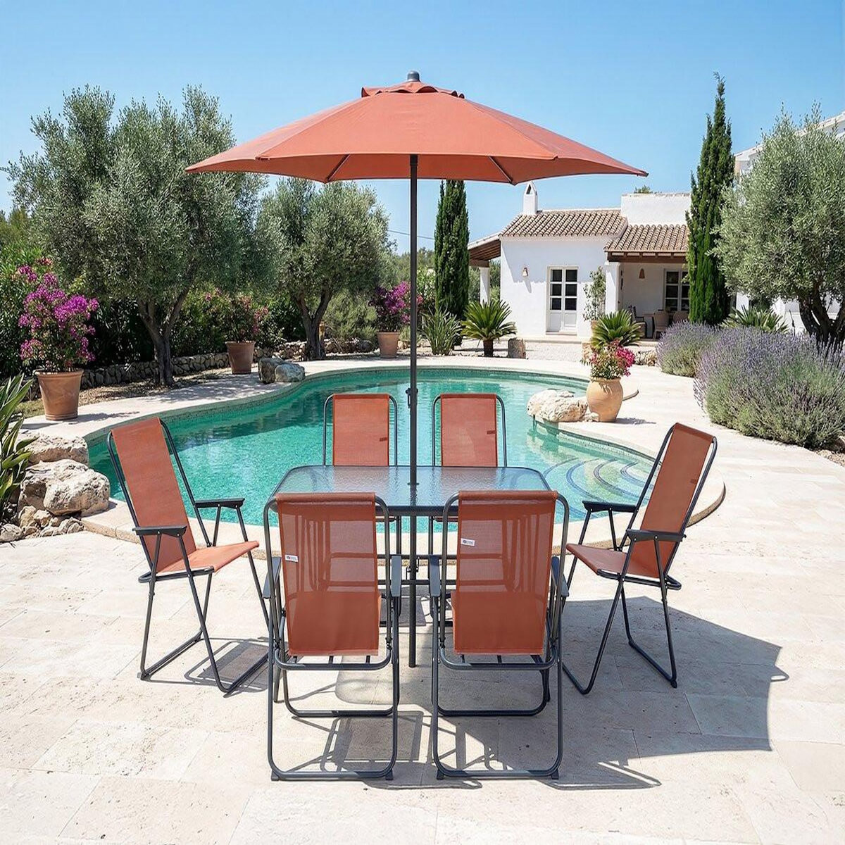 Habitat et Jardin Table et chaises de jardin avec parasol en métal  Convivia  - 6 places - Terracotta