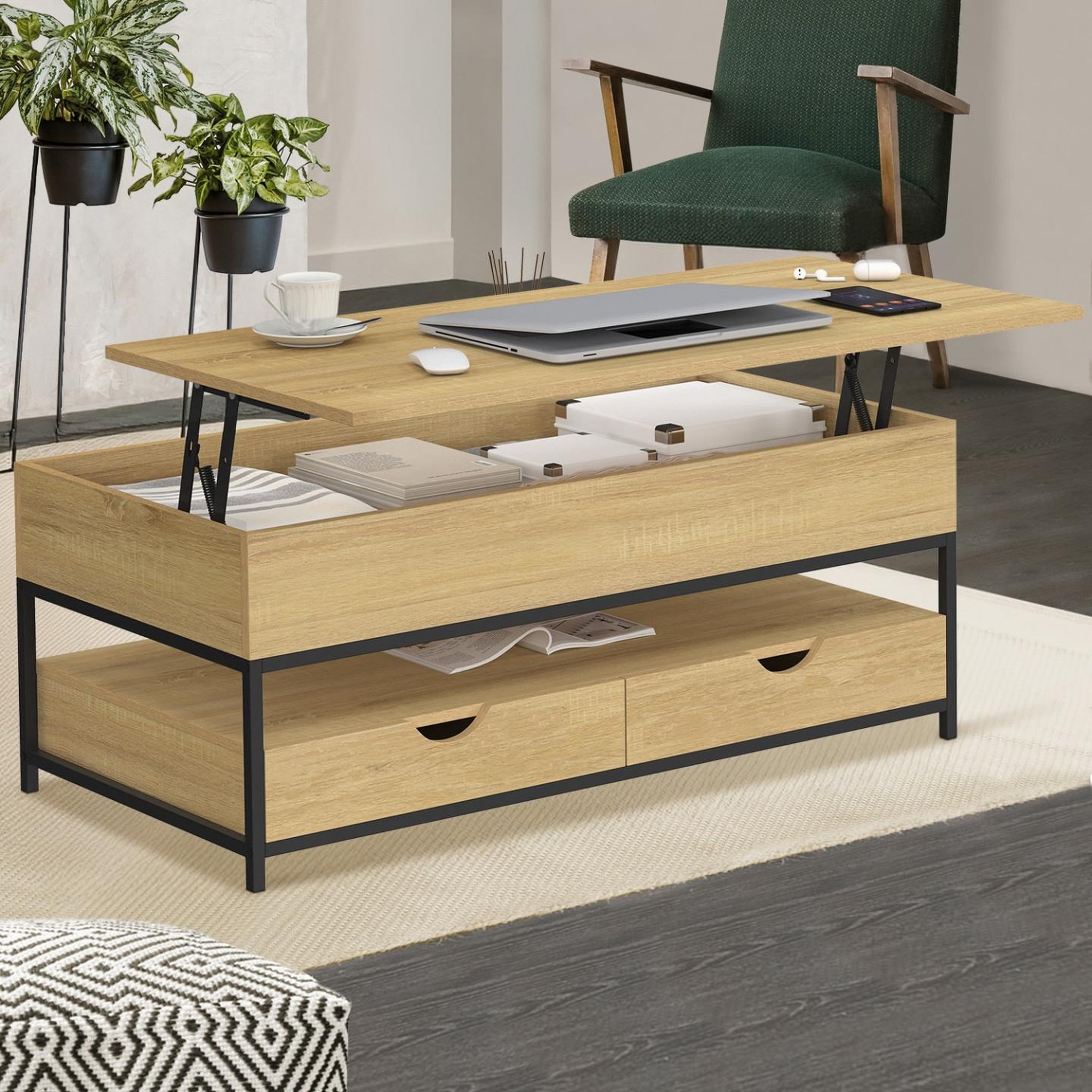 Voir la diapositive 2 : ID MARKET Table basse plateau relevable rectangulaire detroit avec 2 tiroirs design industriel