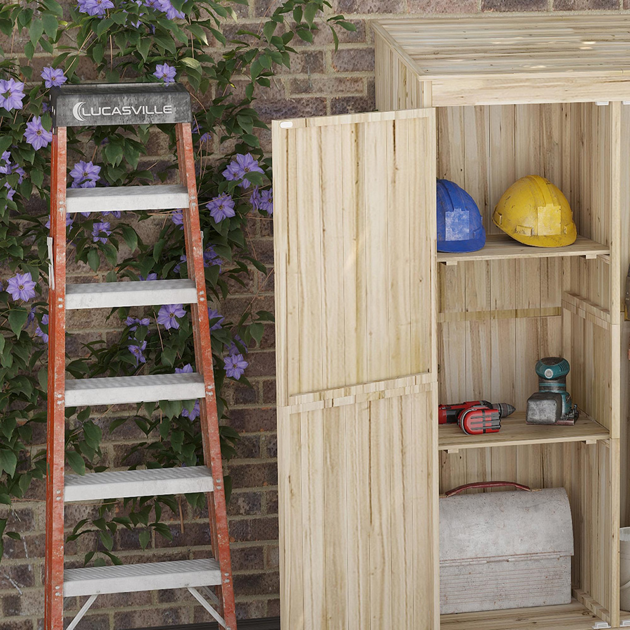 Voir la diapositive 6 : OUTSUNNY Armoire de jardin 2 portes bois - 2 étagères, grand compartiment - 120 x 57 x 183 cm - sapin pré-huilé