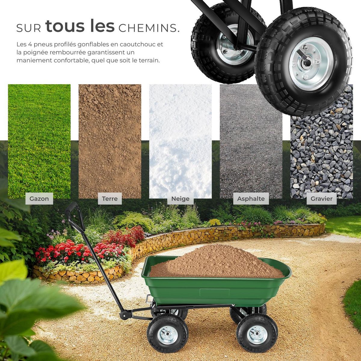 tectake Chariot de jardin et de transport inclinable vert