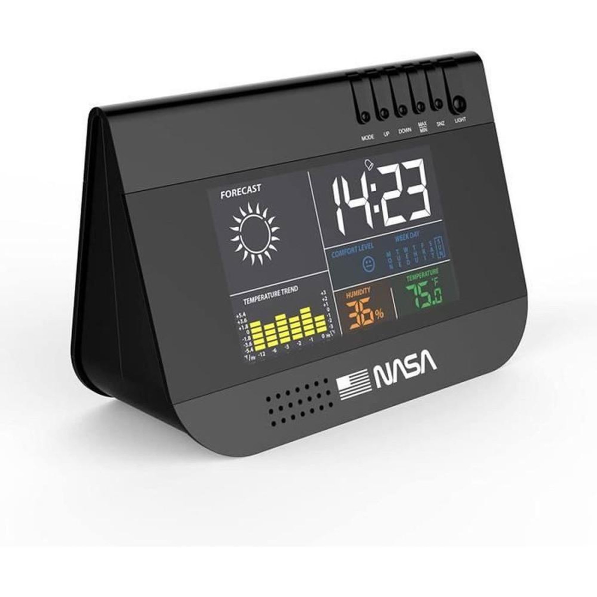 NASA Station météo d'intérieur sans fil avec écran LCD couleur 3,3 pouces, alarme et calendrier, noir