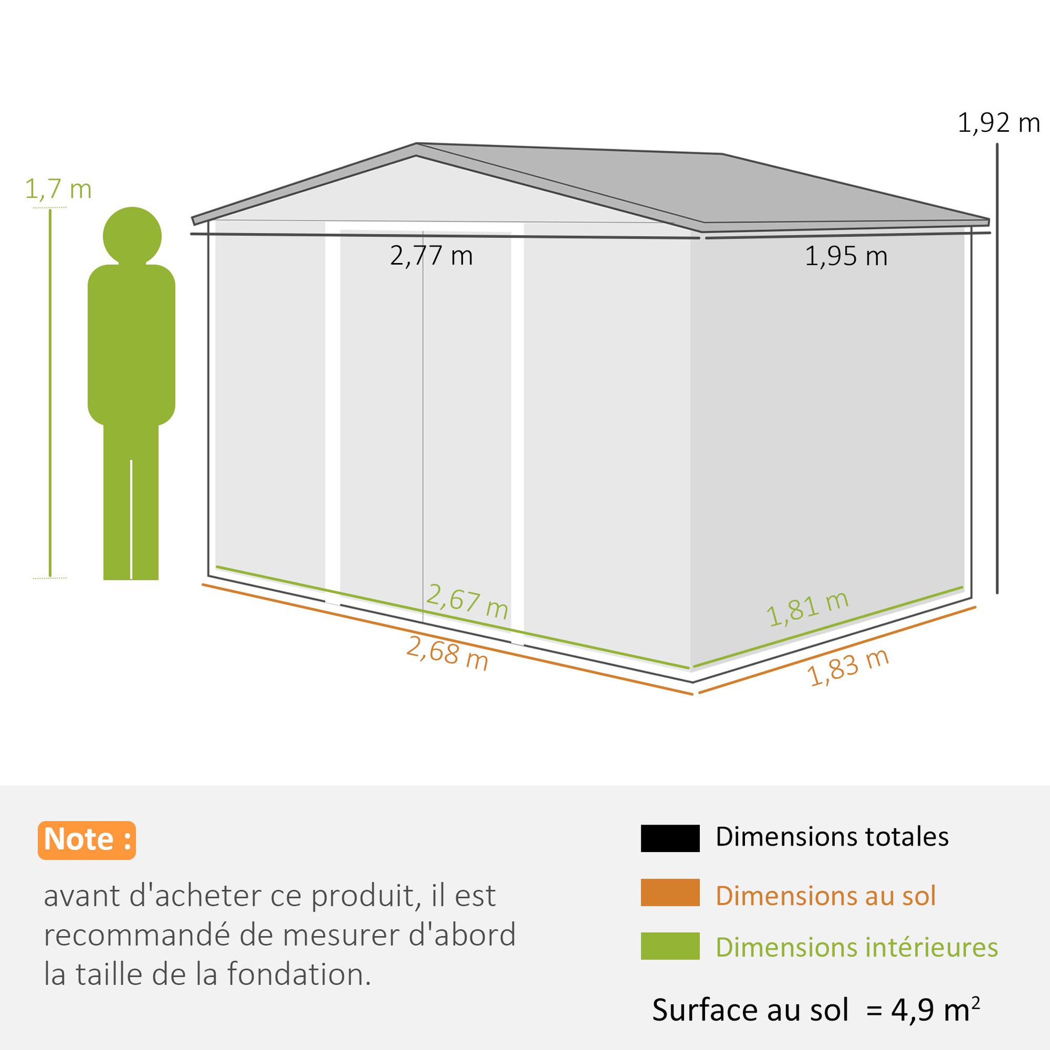 Voir la diapositive 3 : OUTSUNNY Abri de jardin - remise pour outils - cabanon double porte coulissante - fondation incluse - dim. 277L x 191l x 192H cm - tôle d'acier ondulée terracotta