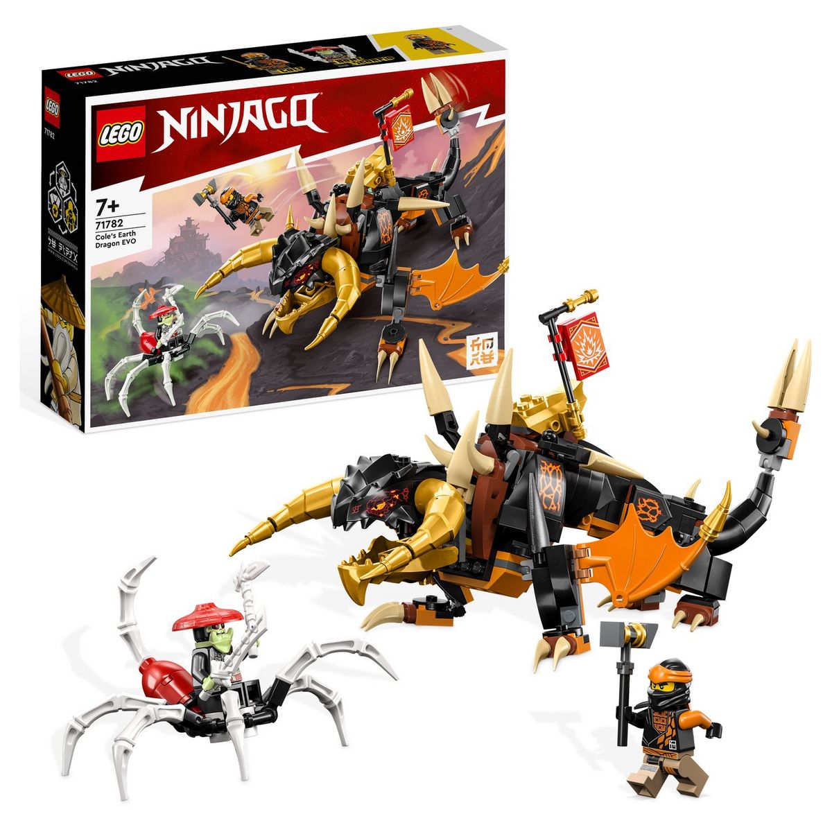 LEGO Ninjago 71782 Le dragon de terre de Cole Évolution, Jouet pour Garçons et Filles, Figurine Évolutive avec Scorpion Squelette et 2 Minifigurines