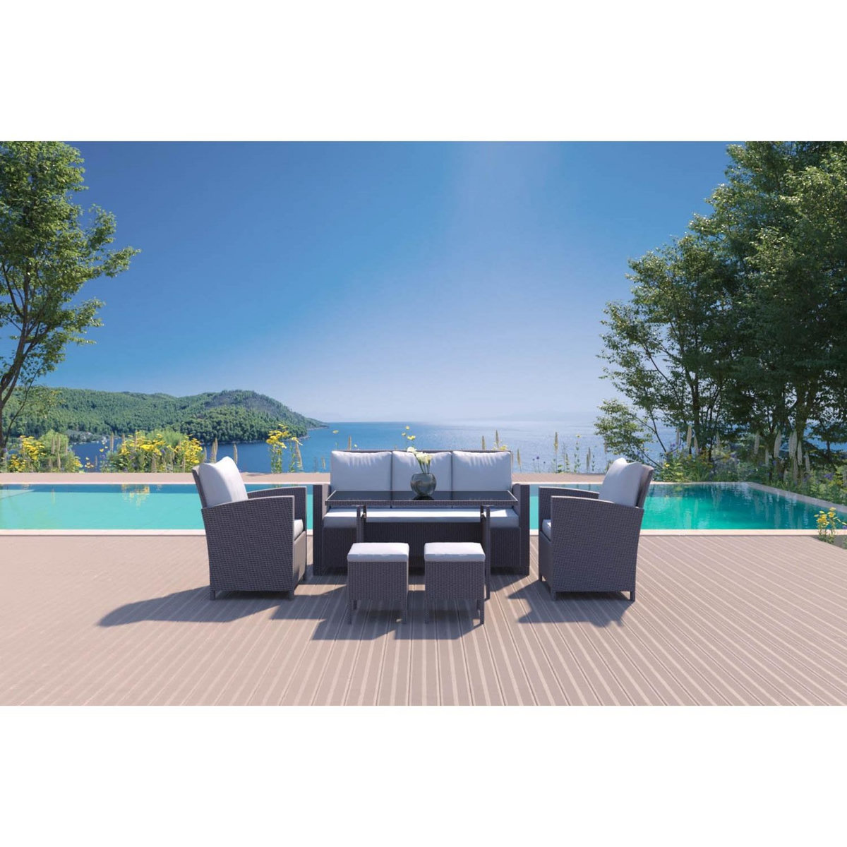 CONCEPT USINE Salon de jardin 7 places en résine tressée gris MODENA