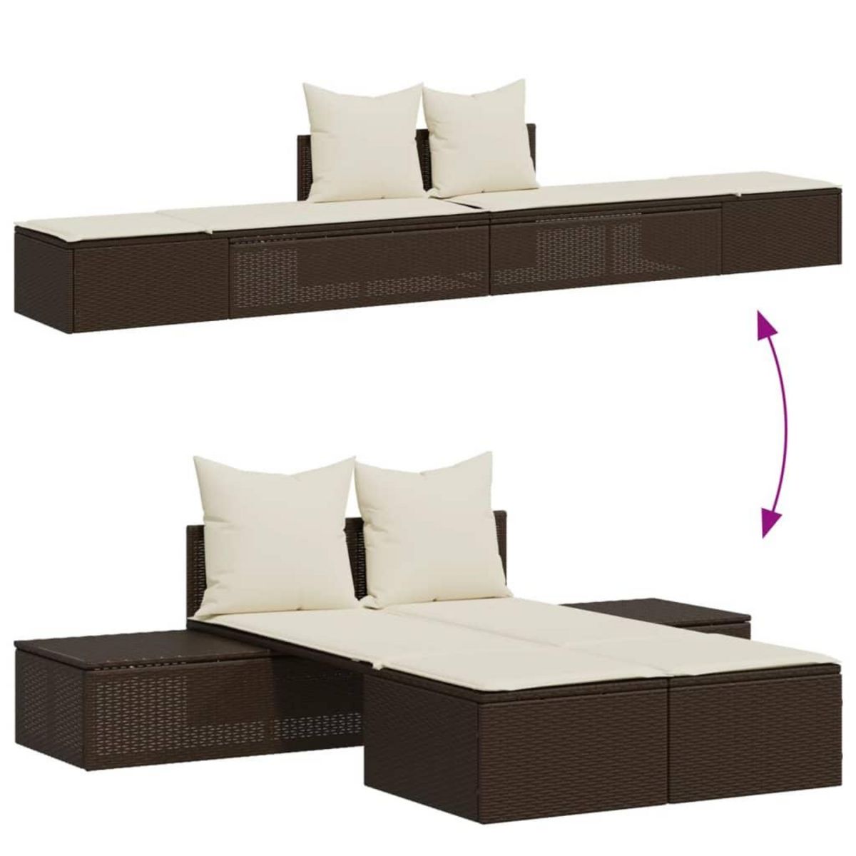VIDAXL Chaise longue double avec coussins marron resine tressee