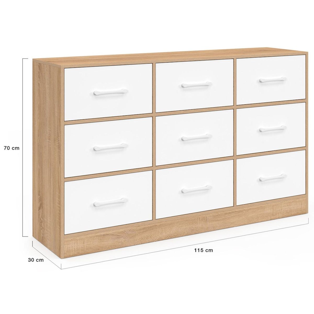 ID MARKET Commode 9 tiroirs en tissu UPPAH 113 cm meuble de rangement bois façon hêtre et blanc