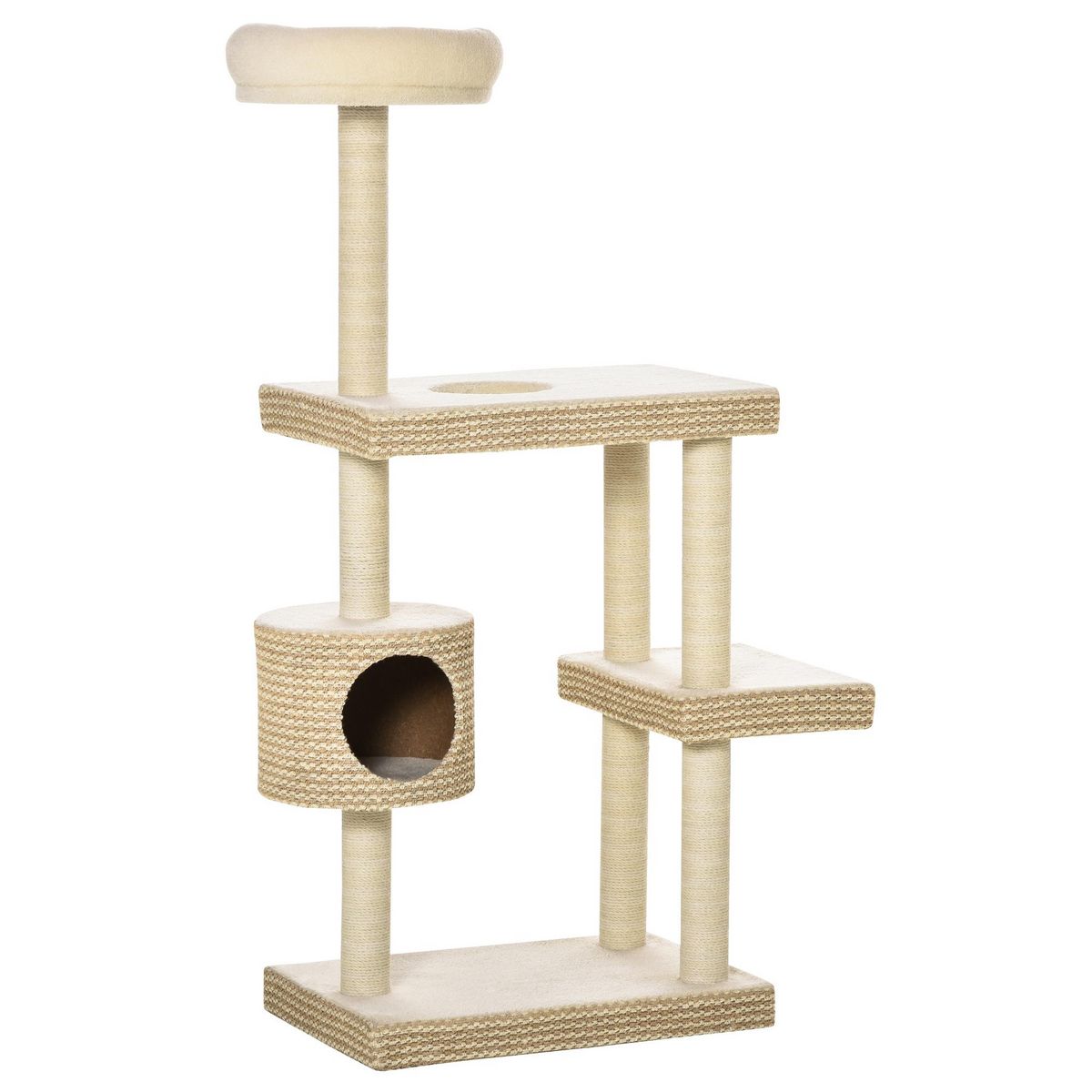 PAWHUT Arbre à chats style cosy chic H135 cm griffoirs sisal naturel niche plateformes peluche courte bicolore beige café