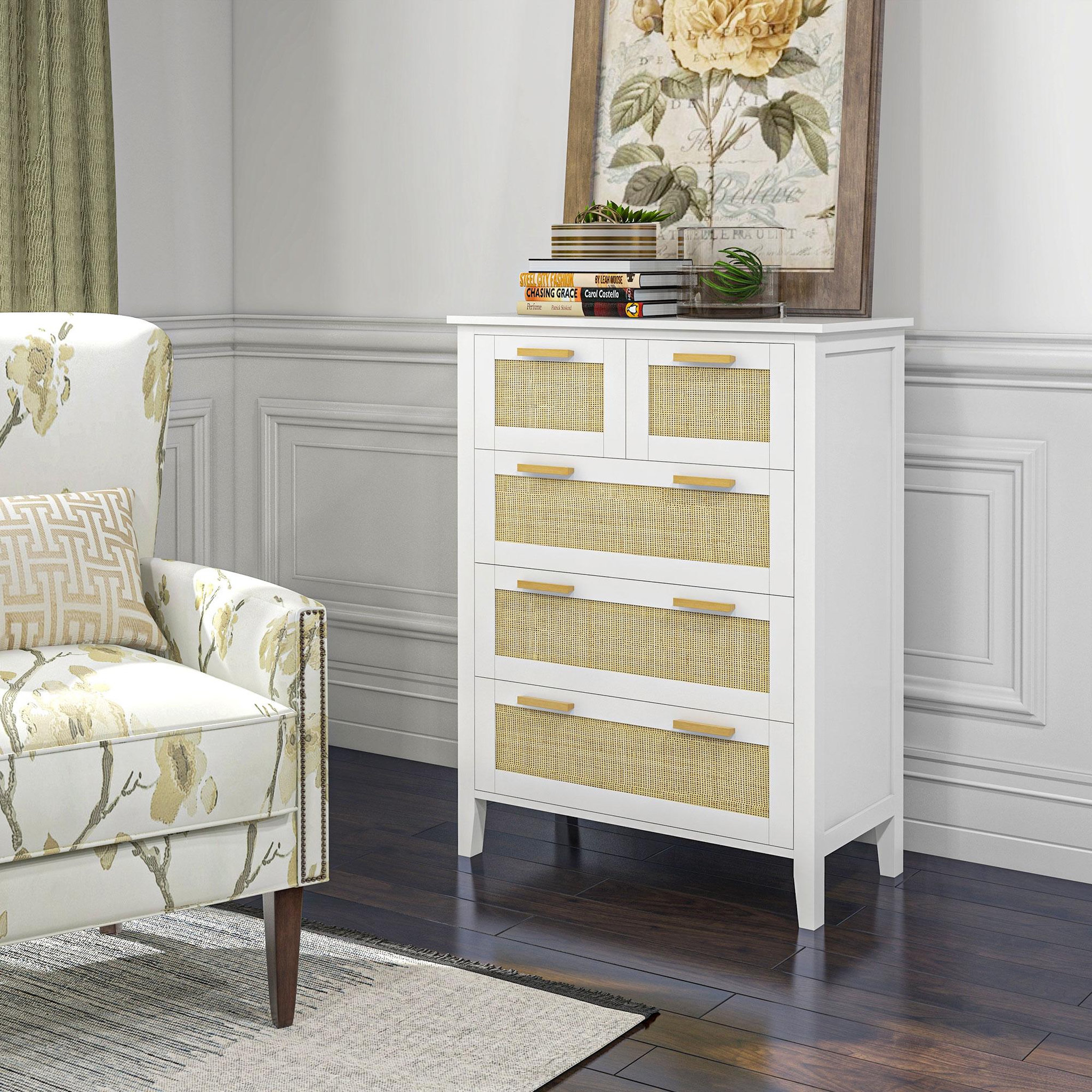 Voir la diapositive 4 : HOMCOM Commode 5 tiroirs cannage en rotin dim. 77L x 37l x 104H cm MDF blanc bois de pin