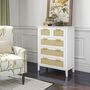 Voir la diapositive 4 : HOMCOM Commode 5 tiroirs cannage en rotin dim. 77L x 37l x 104H cm MDF blanc bois de pin
