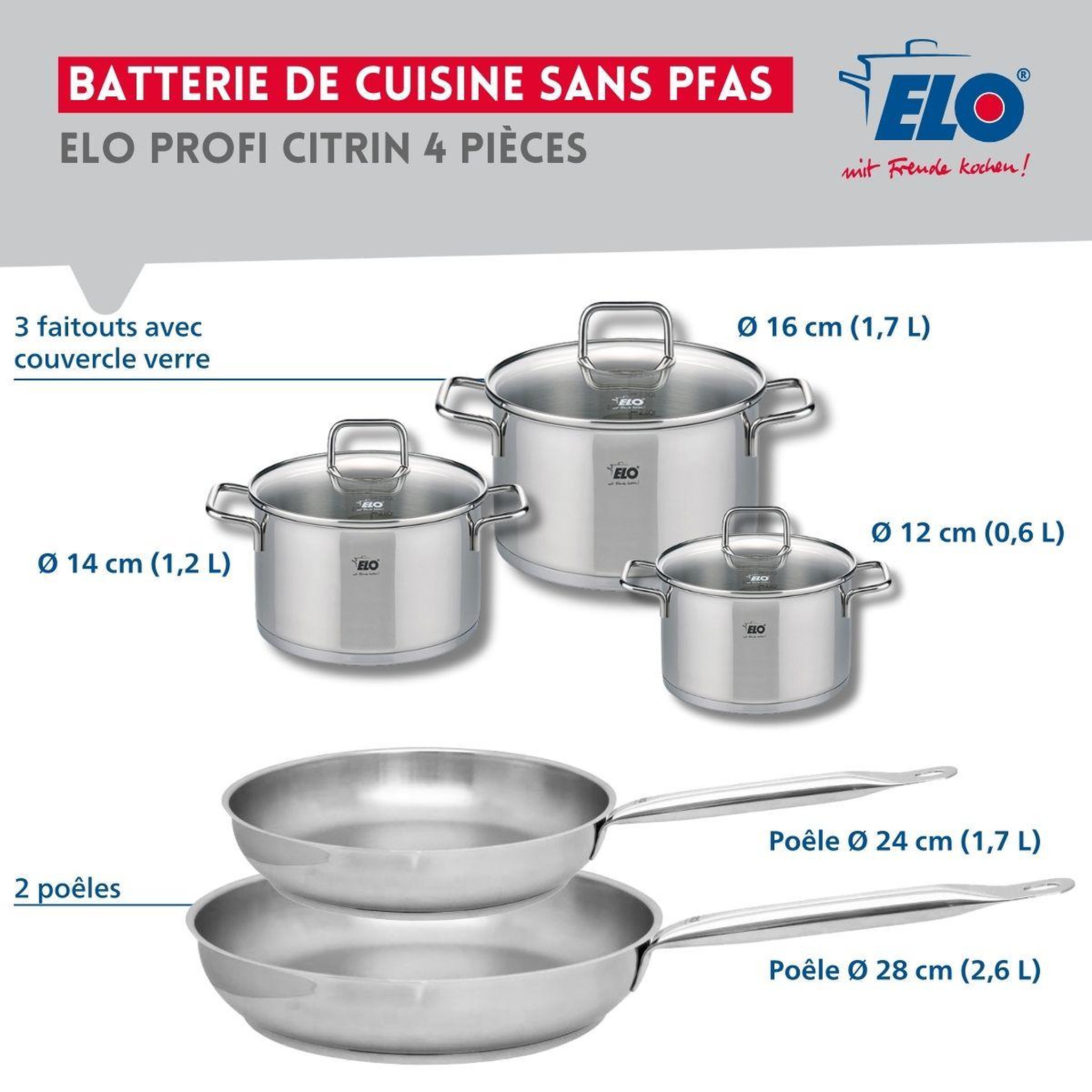 Voir la diapositive 2 : ELO Set de 2 poêles de cuisson 24 et 28 cm et 3 faitouts 12, 14 et 16 cm elo profi citrin