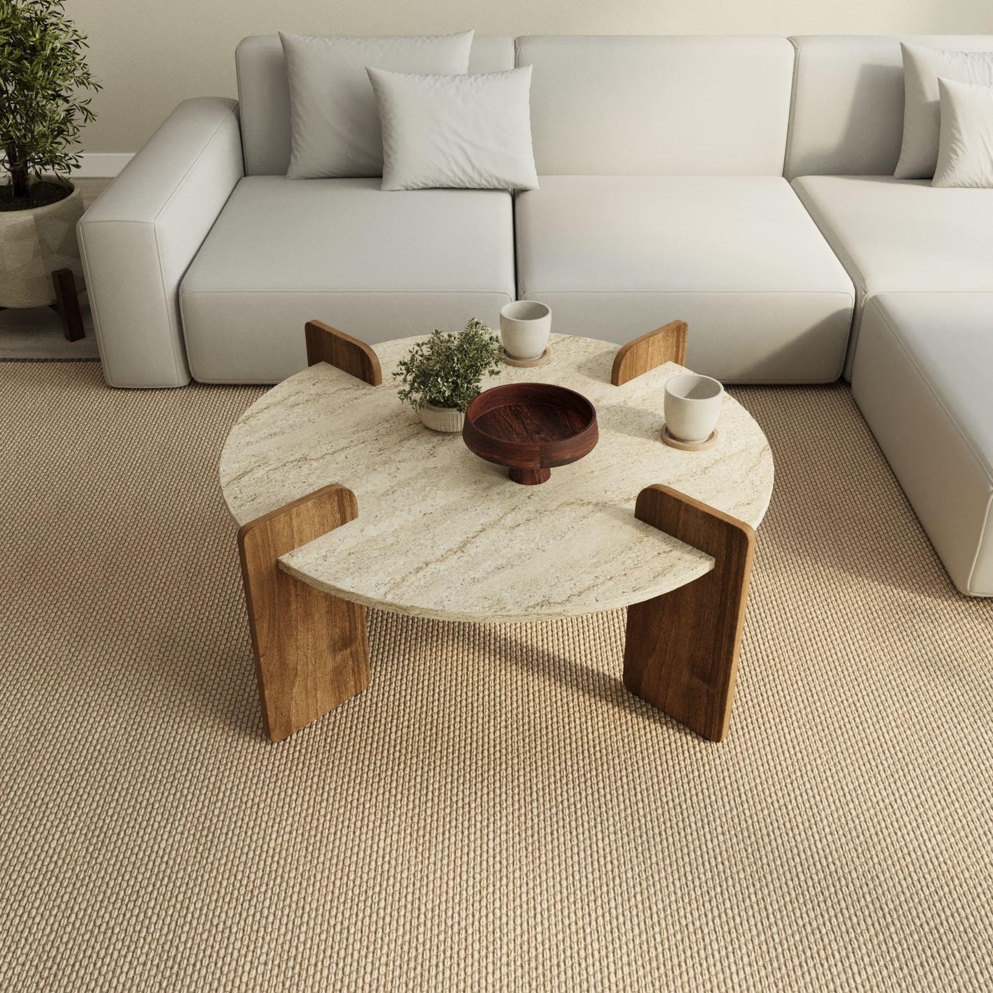 Voir la diapositive 3 : Habitat et Jardin Table basse en bois  avoure  - 90 x 90 x 35 cm - travertin