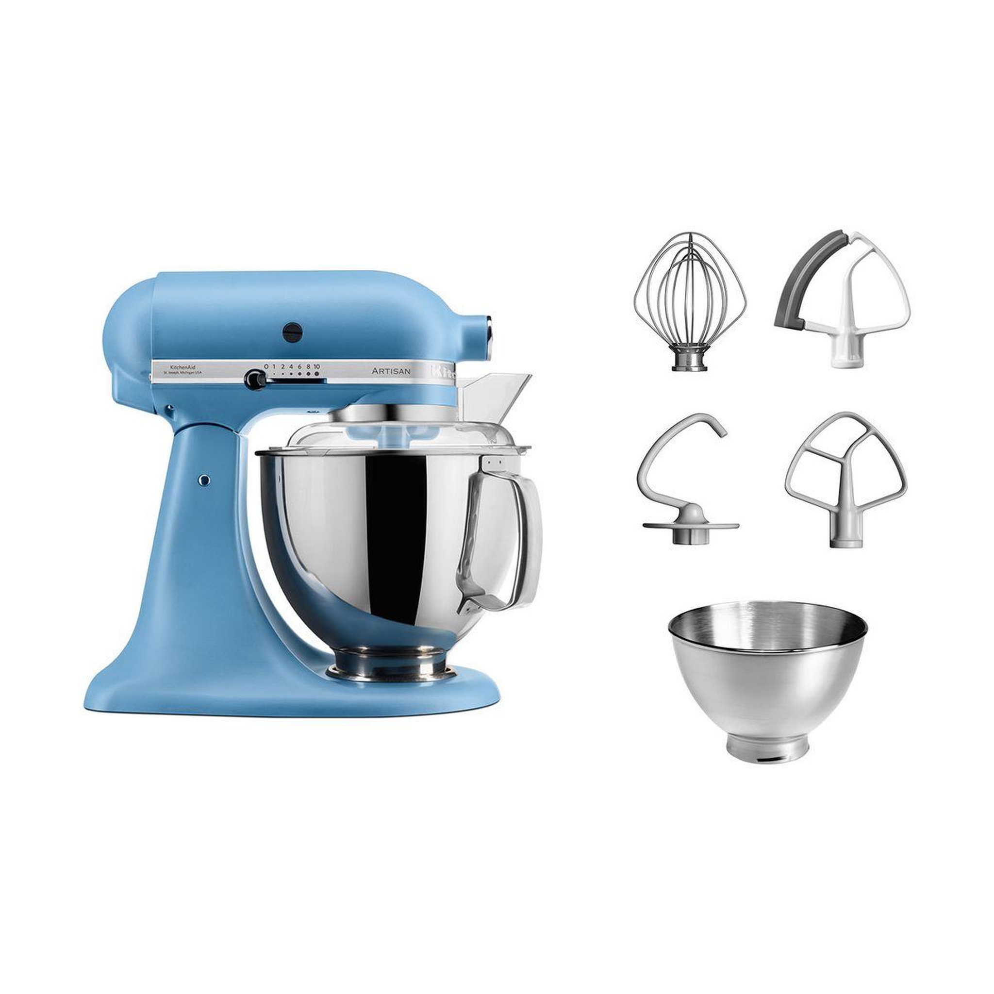Voir la diapositive 2 : KitchenAid Robot pâtissier 5KSM175PSEVB bleu velvet, 4,8 L, bol avec poignée + bol 3 L, batteur souple et couvercle