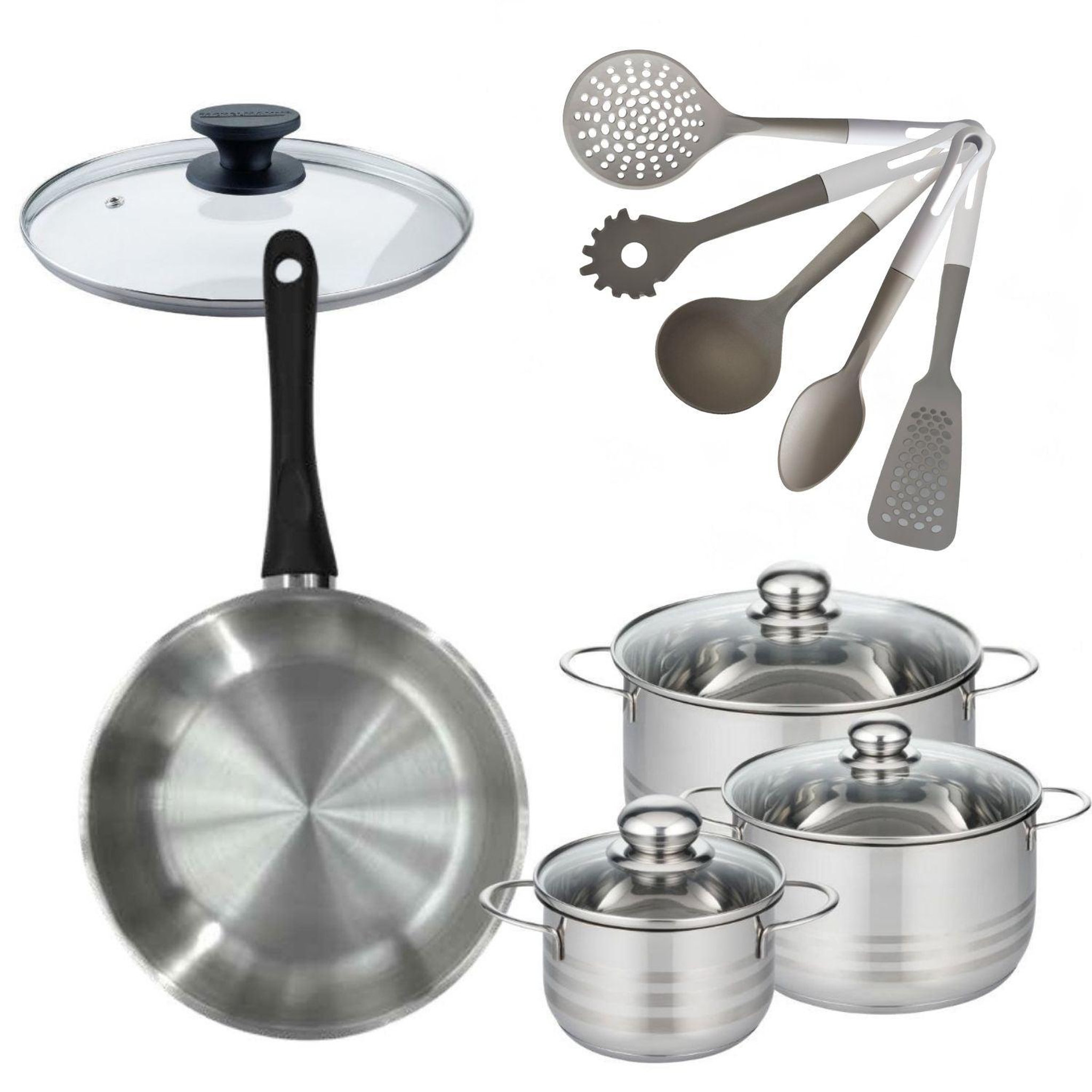 Fackelmann Batterie de cuisine avec 3 faitouts 16/20/24 cm et 1 poêle 28 cm sans pfas et 6 ustensiles de cuisine fackelmann généva brillant vario avec couvercles