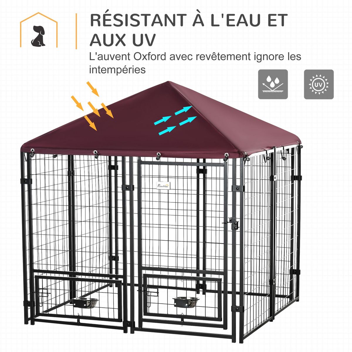 PAWHUT Chenil extérieur chien - cage chien - enclos chien - toile toit imperméable anti-UV, porte verrouillable, 2 bols rotatifs - acier noir oxford pourpre