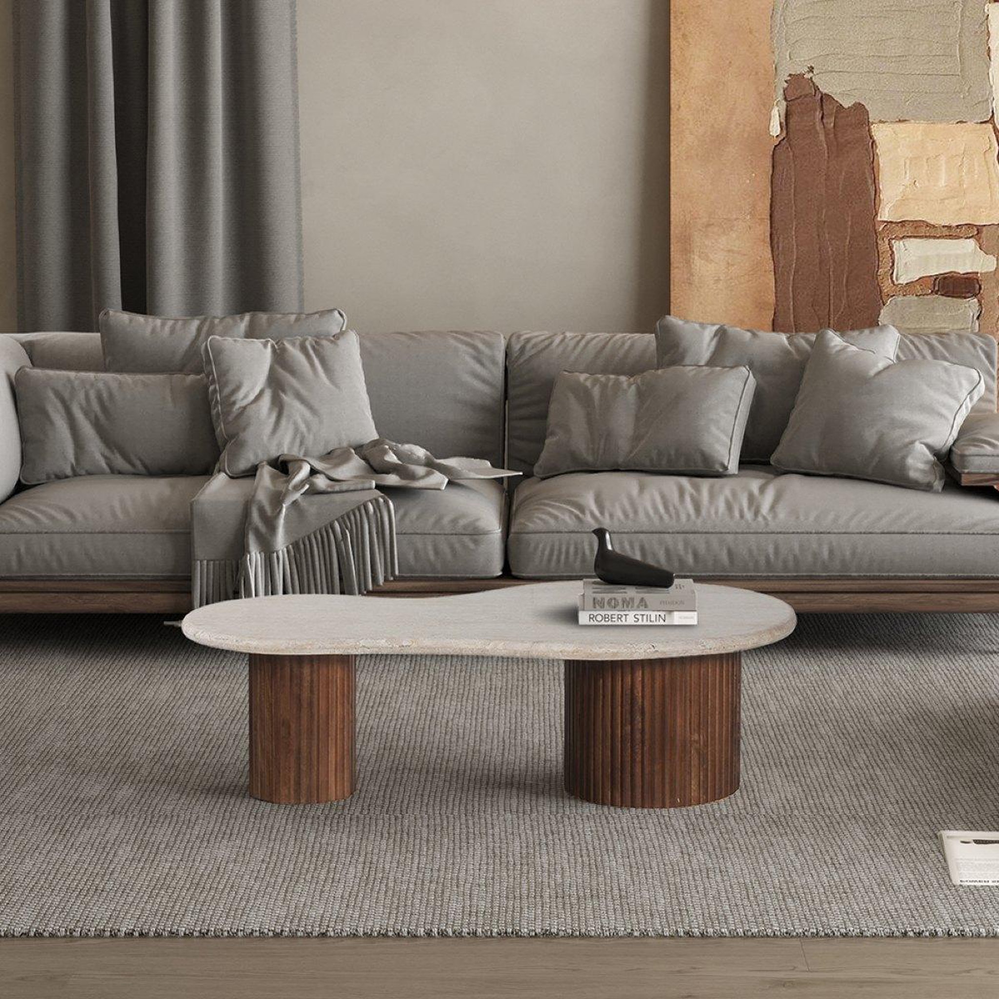 Voir la diapositive 2 : JLC KREATION Table basse en bois de manguier avec plateau en travertin melvine