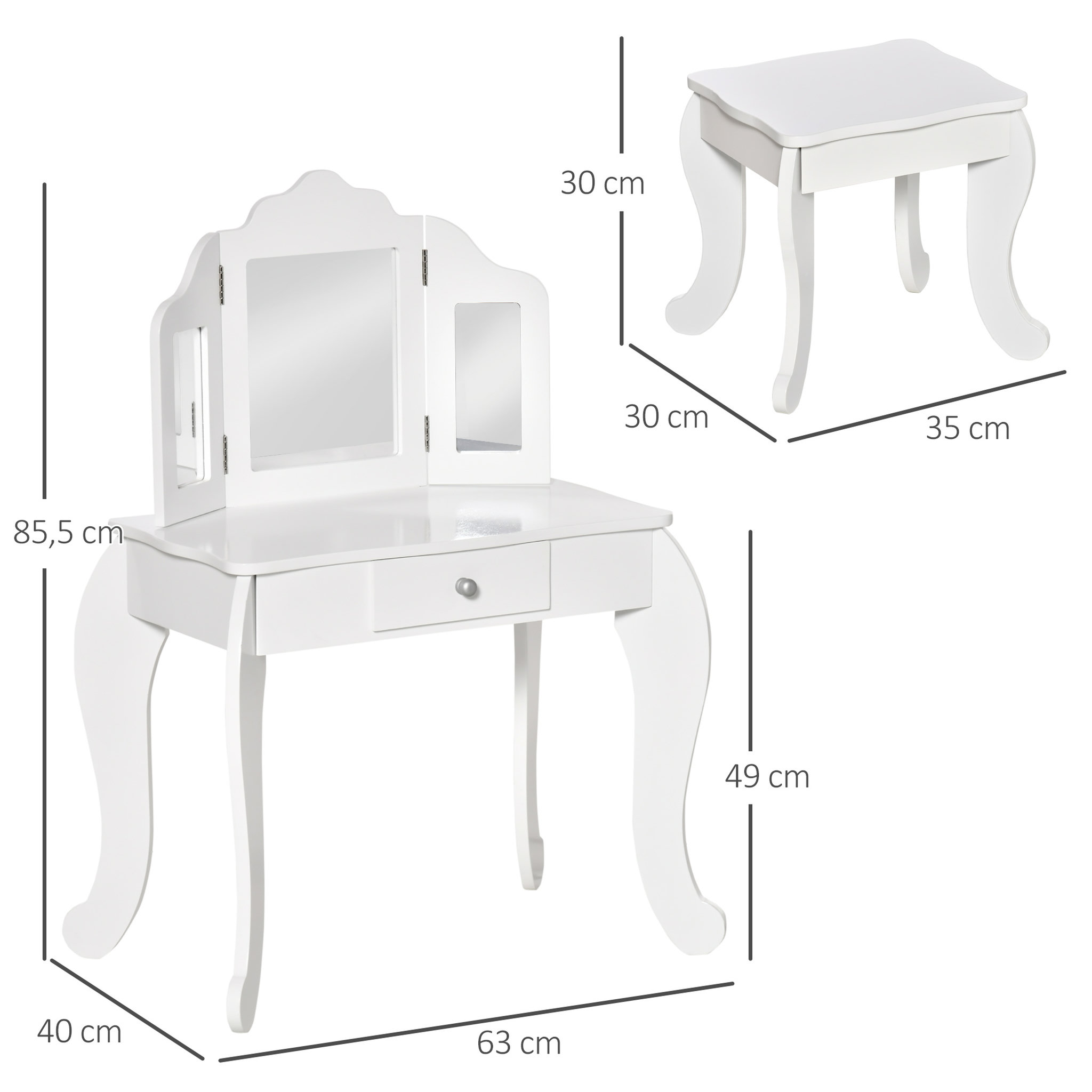 Voir la diapositive 3 : HOMCOM Coiffeuse enfant avec tabouret, miroir triptyque et tiroir coulissant - coiffeuse dim. 63L x 40l x 85,5H cm - MDF blanc acrylique