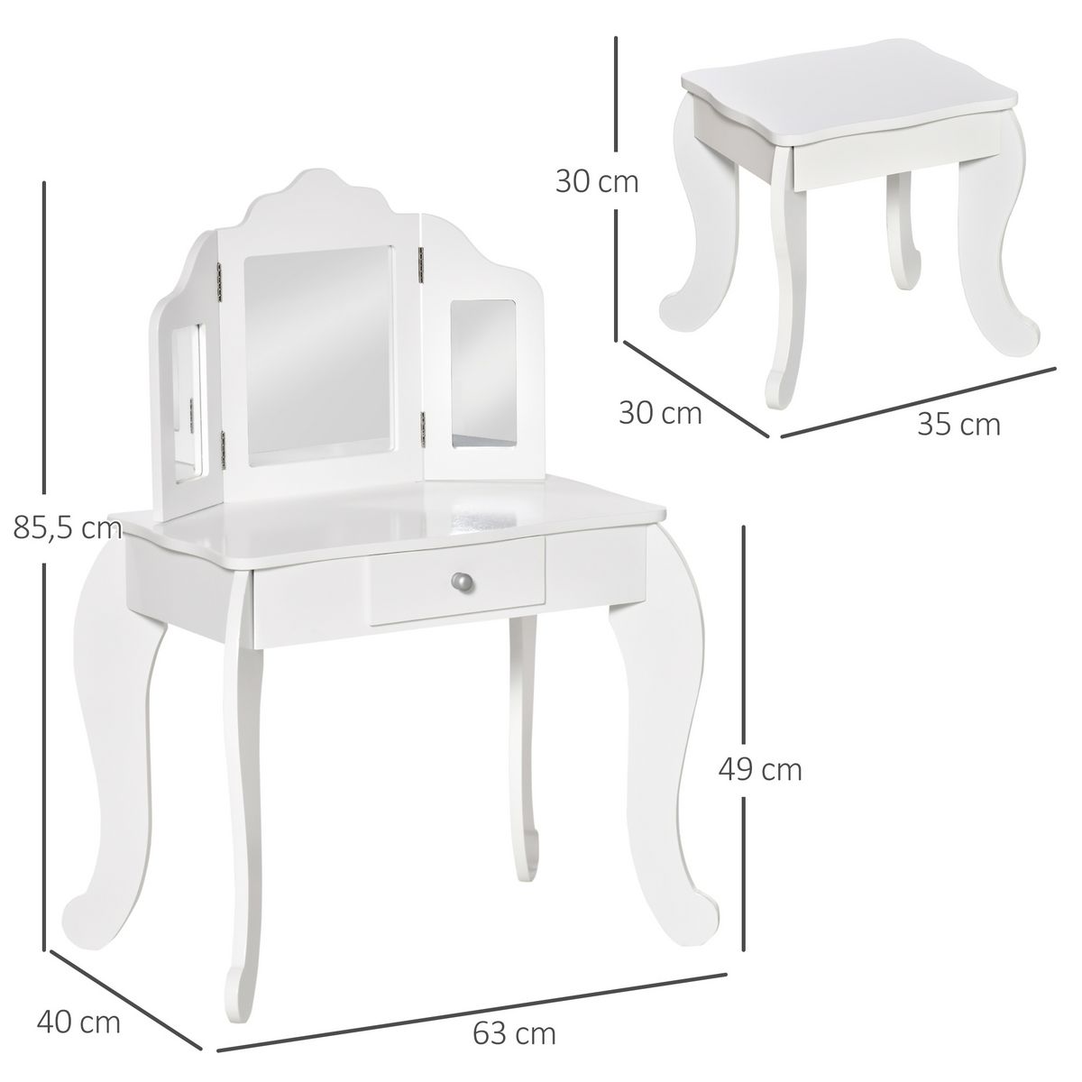 HOMCOM Coiffeuse enfant avec tabouret, miroir triptyque et tiroir coulissant - coiffeuse dim. 63L x 40l x 85,5H cm - MDF blanc acrylique