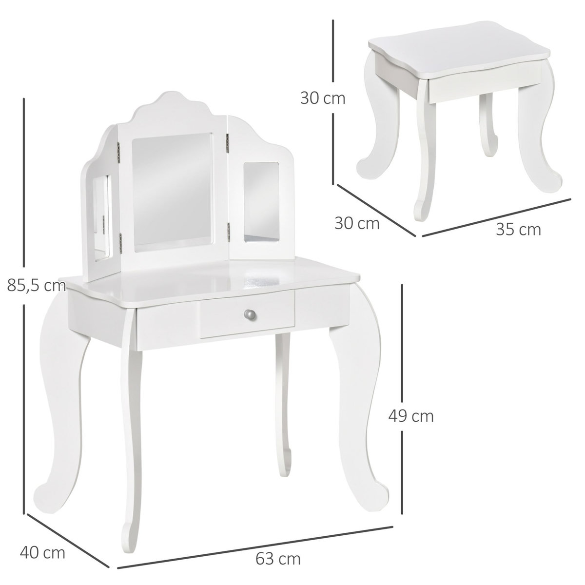 HOMCOM Coiffeuse enfant avec tabouret, miroir triptyque et tiroir coulissant - coiffeuse dim. 63L x 40l x 85,5H cm - MDF blanc acrylique