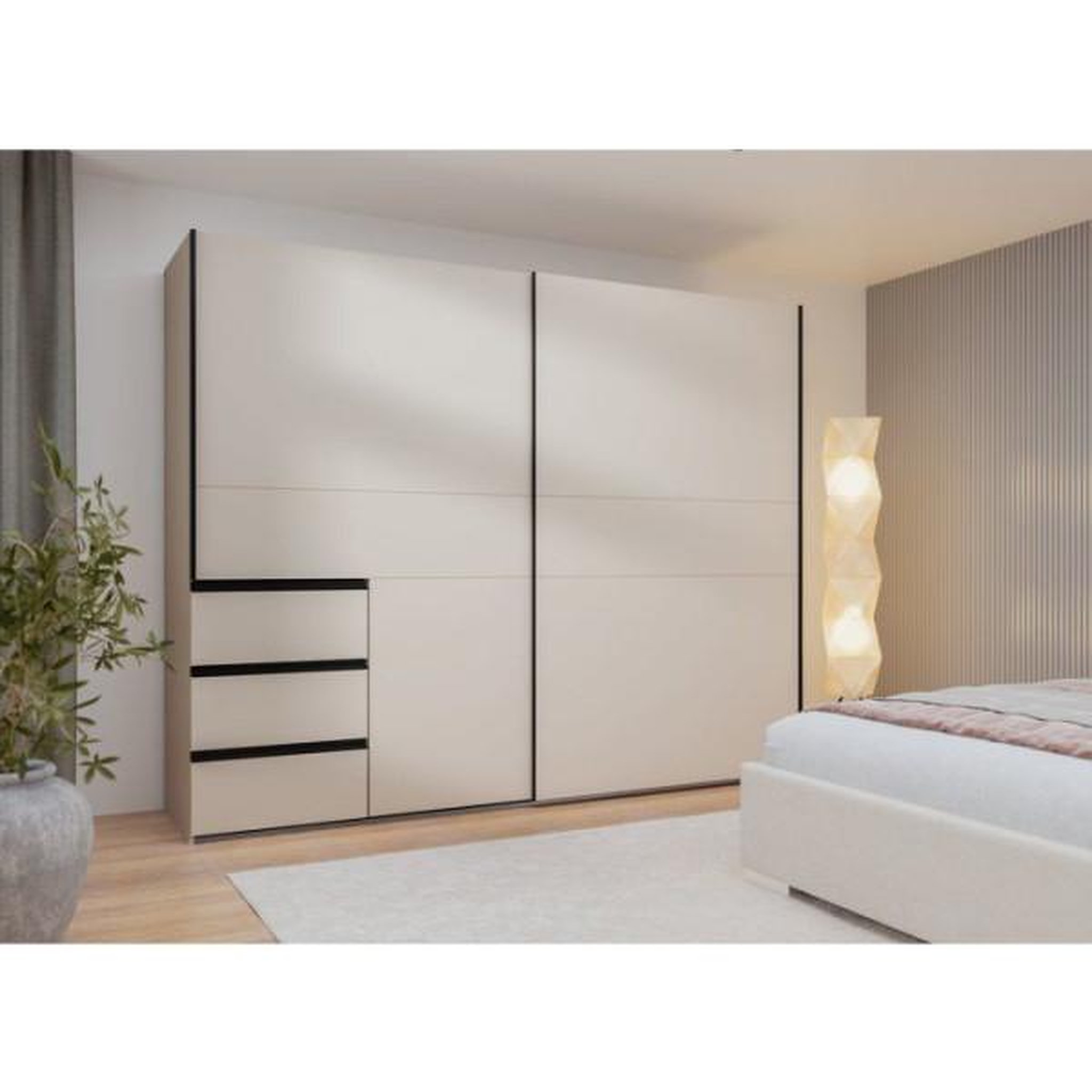 Voir la diapositive 2 : MARKET24 Armoire 2 portes coulissantes 3 tiroirs - Décor sable - L 249 x P 61 x H 200 cm - WINN2