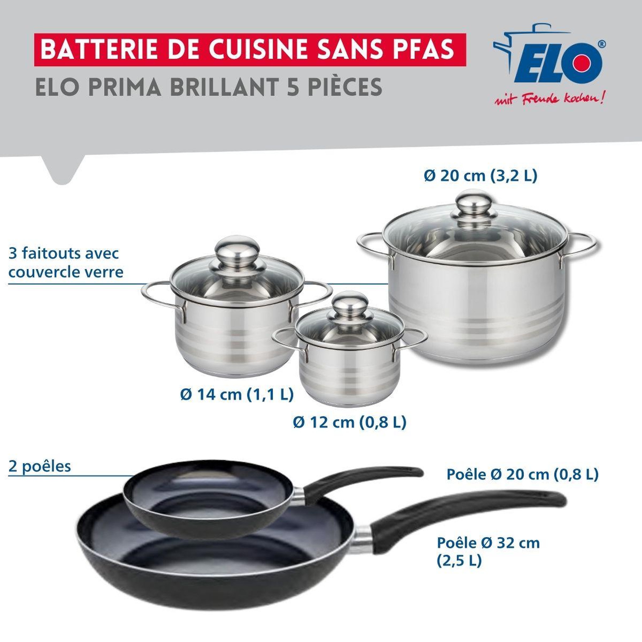 Voir la diapositive 2 : ELO Ensemble de 2 poêles de cuisson 20 et 32 cm et 3 faitouts 12, 14 et 20 cm elo prima brillant