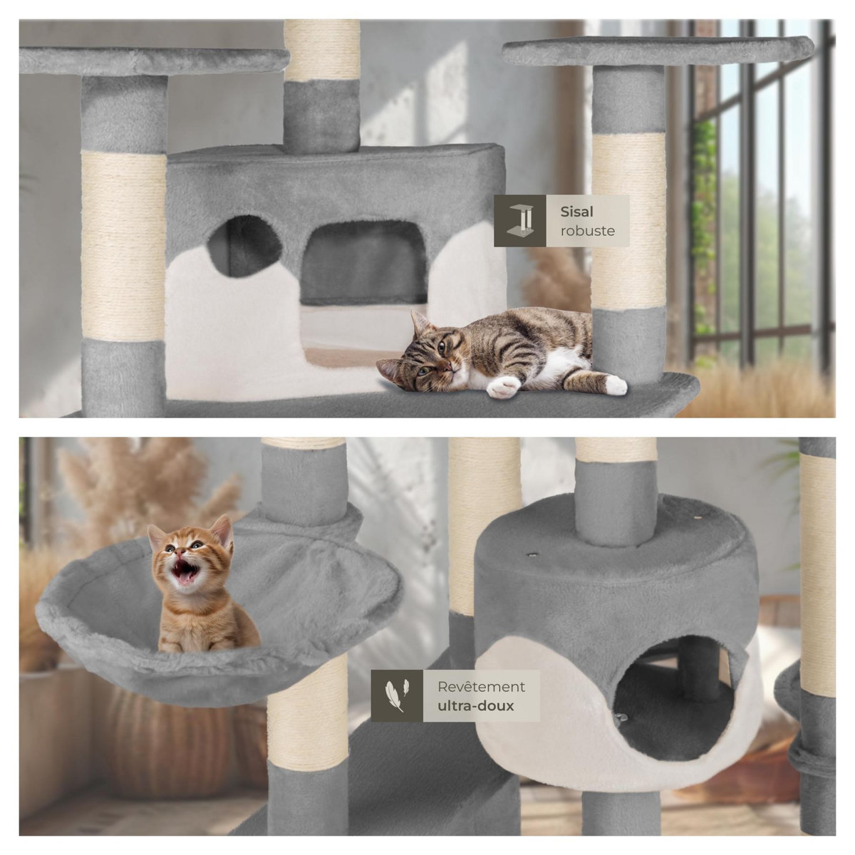 tectake Arbre à chat 204 cm avec griffoir et plateforme d'escalade gris/blanc