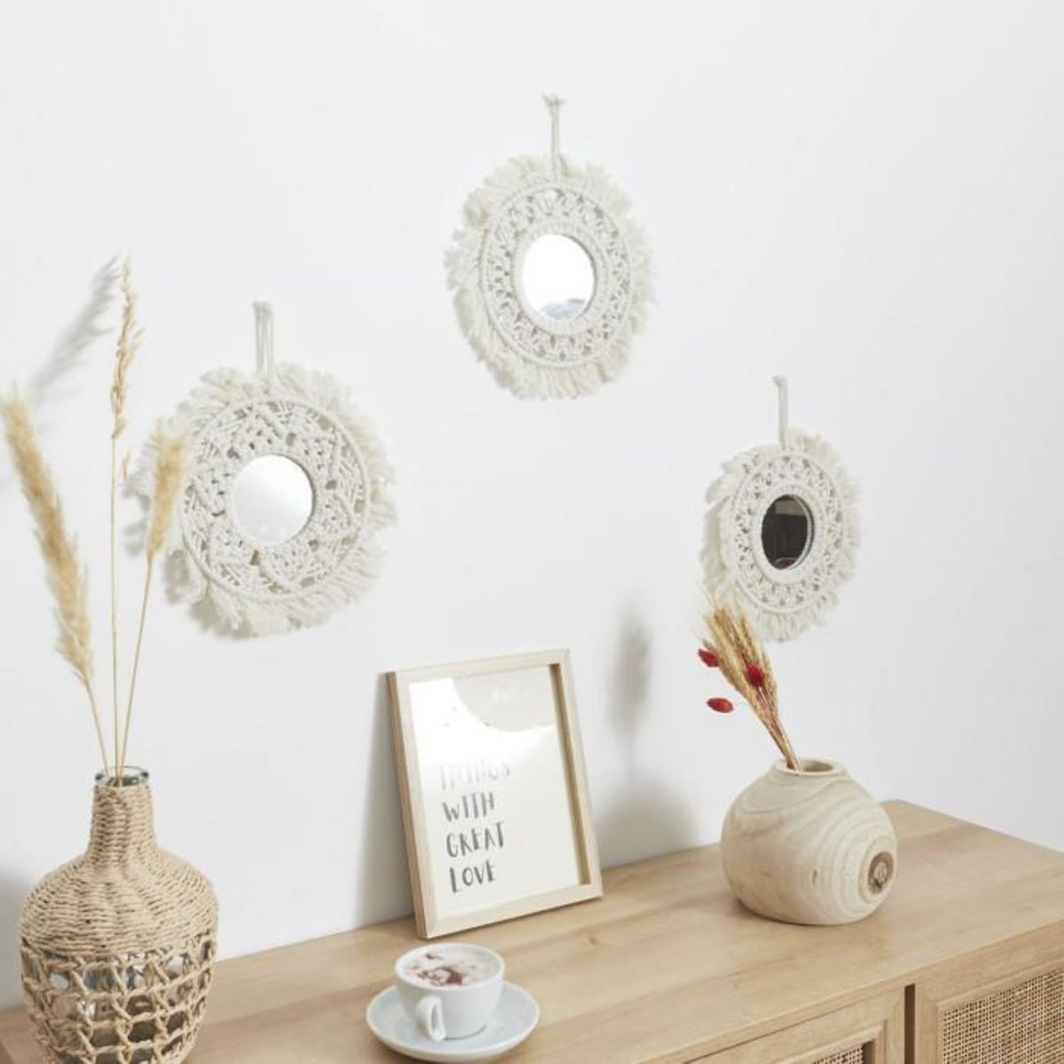 Paris Prix Lot de 3 Miroirs Déco  Boho  28cm Beige