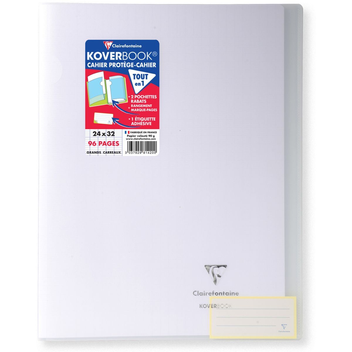 CLAIREFONTAINE Cahier piqué polypro Koverbook 24x32 cm 96 pages grands carreaux Seyes blanc transparent