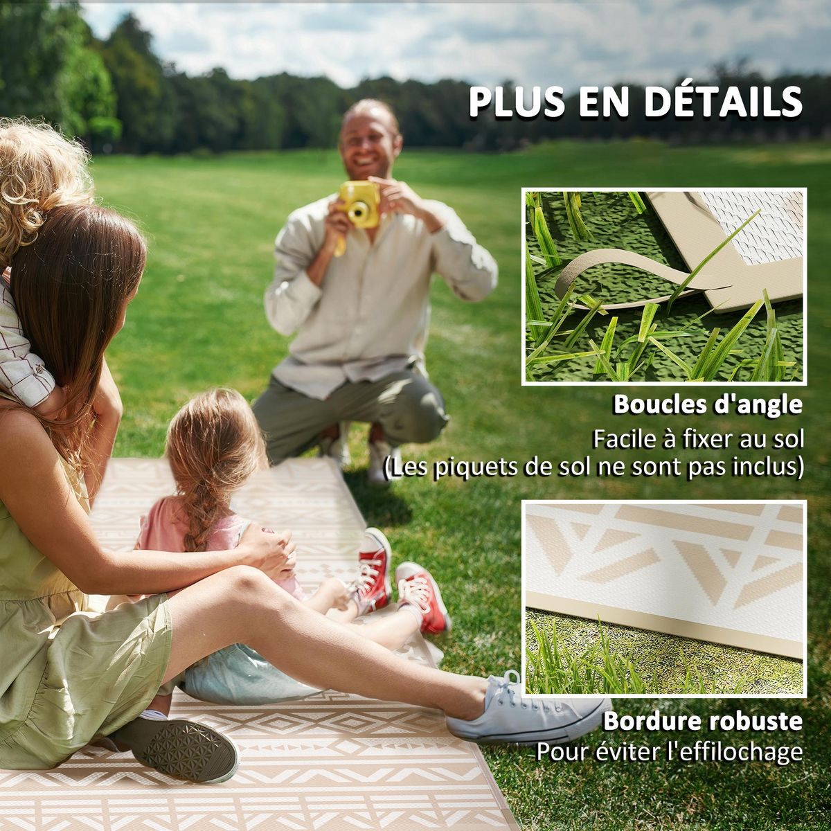 OUTSUNNY Tapis d'extérieur réversible motif graphique dim. 3,7 x 2,7 m sac transport inclus kaki beige