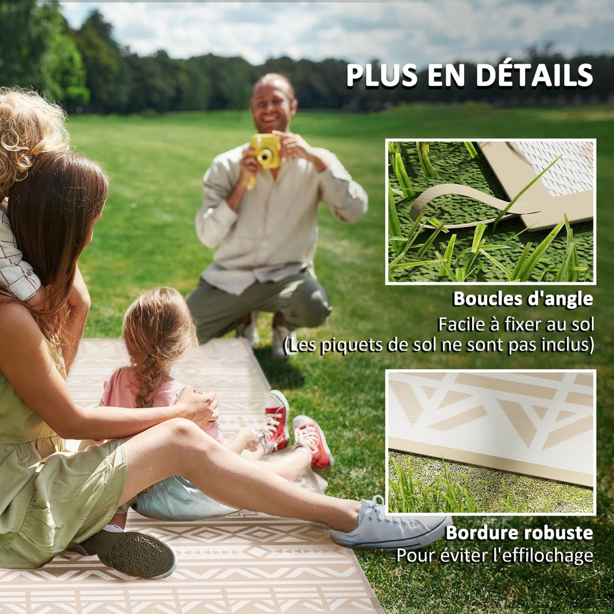 OUTSUNNY Tapis d'extérieur réversible motif graphique dim. 3,7 x 2,7 m sac transport inclus kaki beige