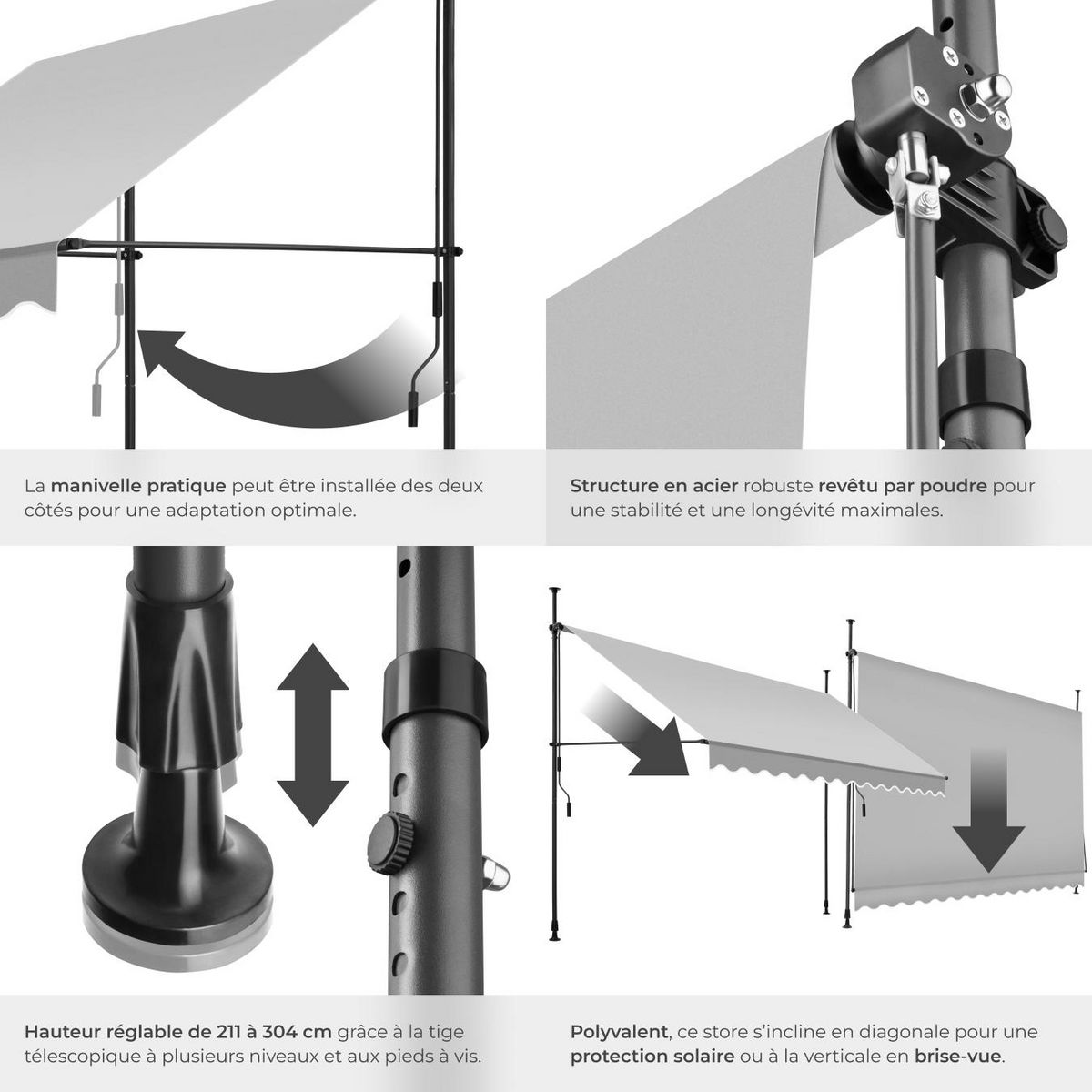 tectake Store à pince sans perçage avec manivelle gris clair 350 x 180 cm