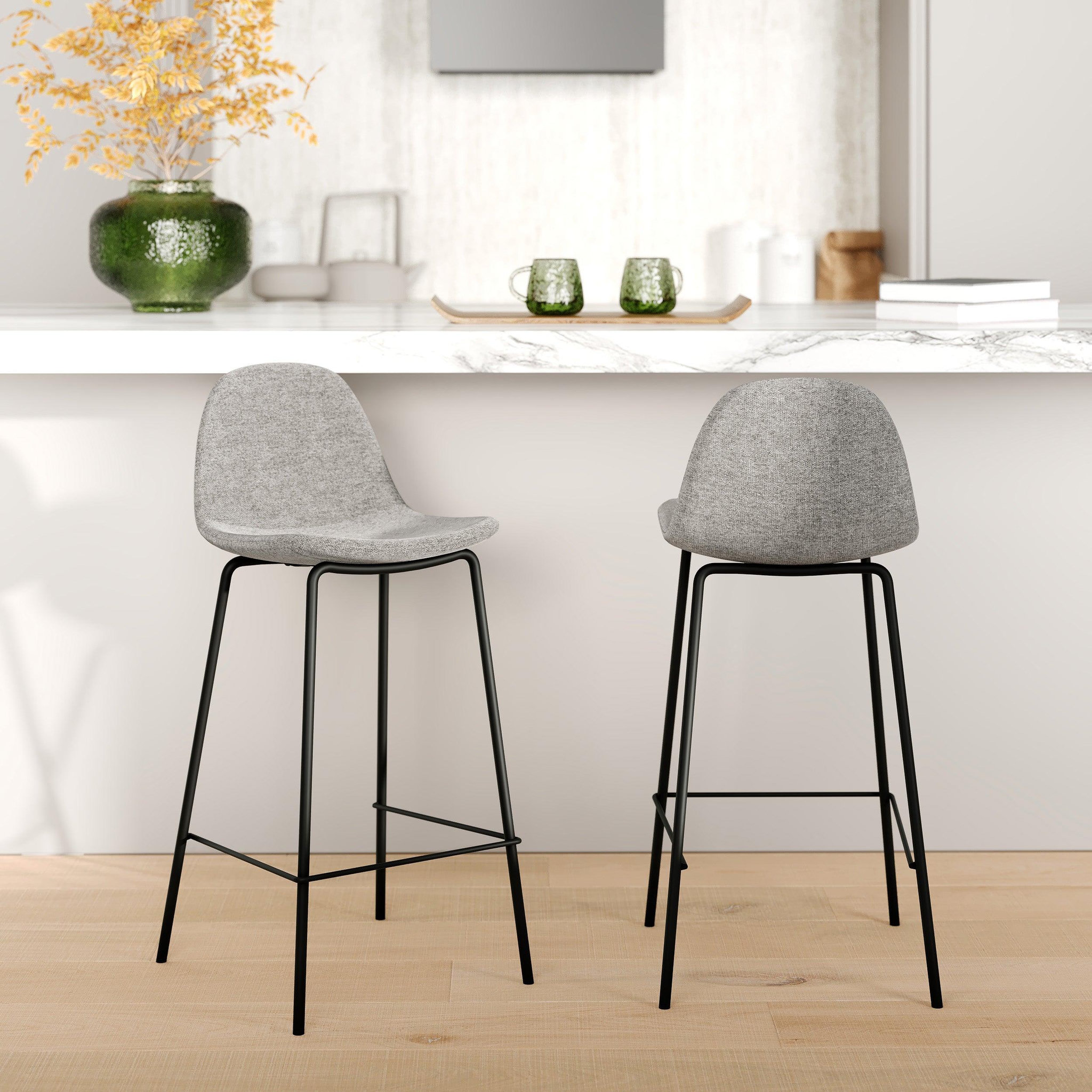 Voir la diapositive 2 : MAISON PAVANE Lot de 2 chaises pour îlot central en tissu gris clair 65,5 cm-henrik