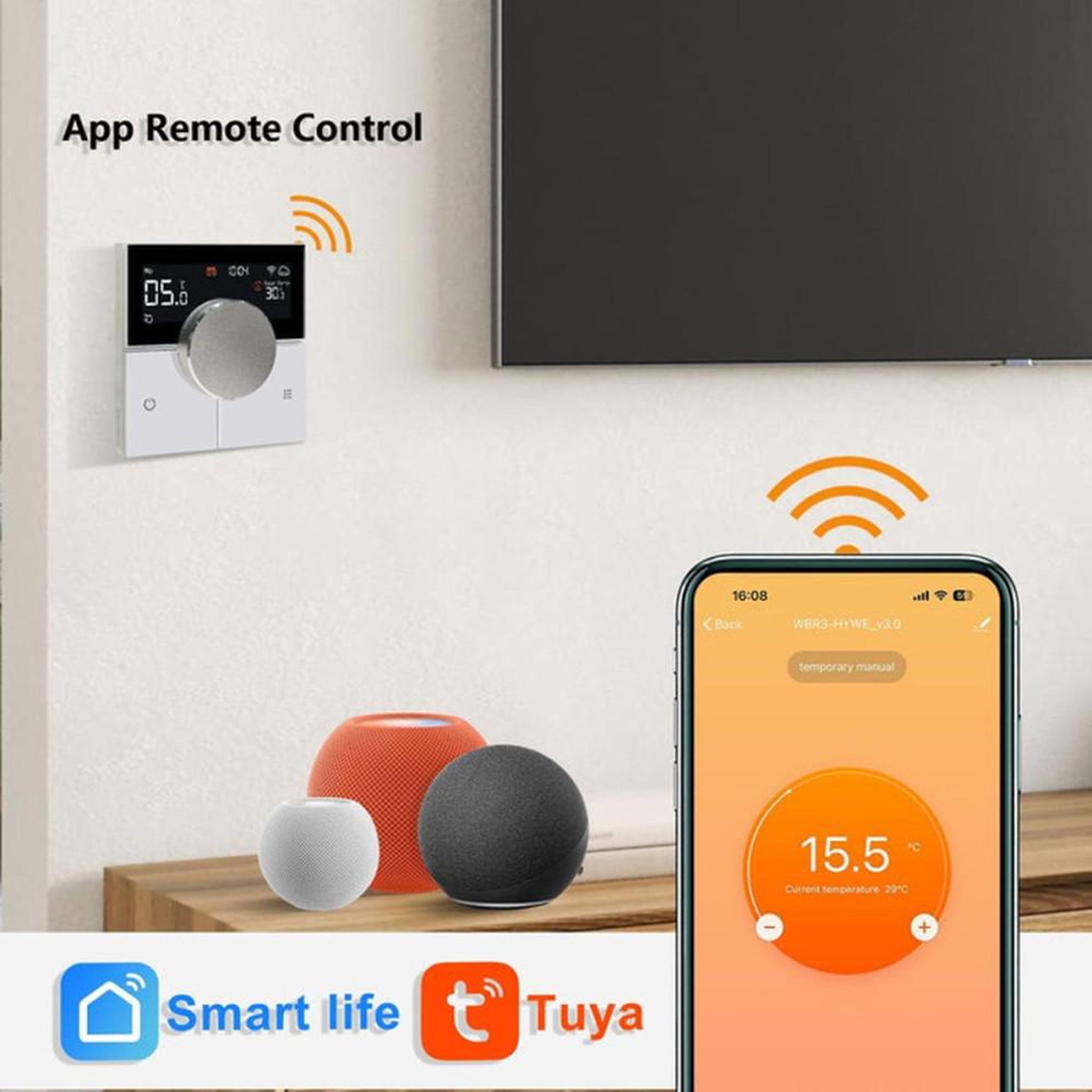 Voir la diapositive 2 : Thermostat Wi‑Fi connecté pour chauffage au sol électrique, capteur double, Alexa, 16A, KTF0176A