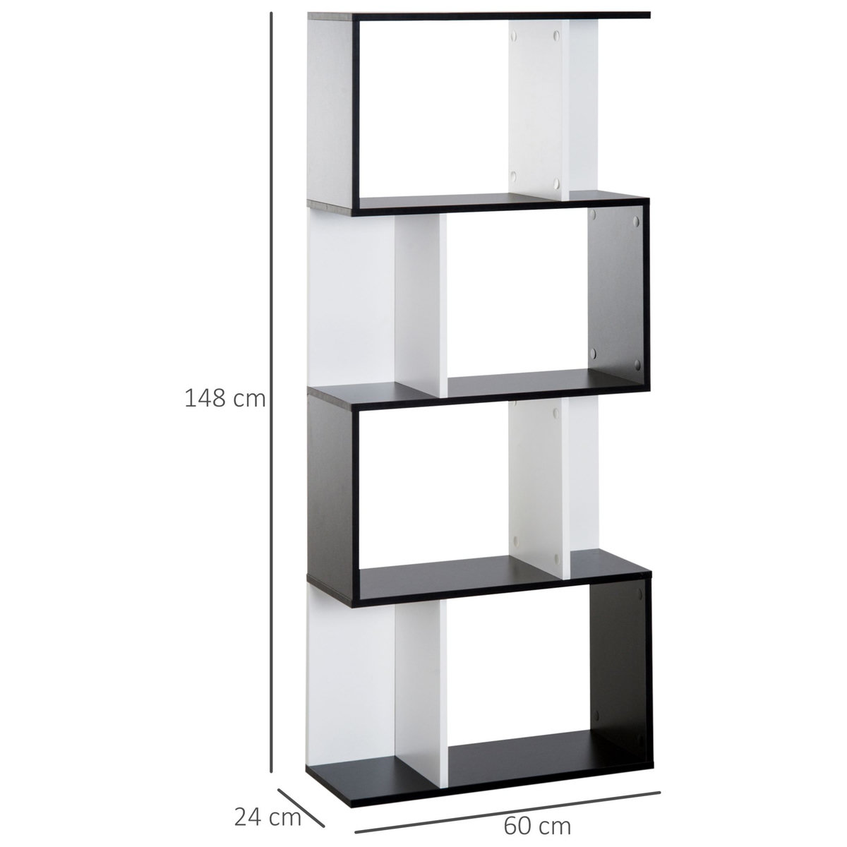 HOMCOM Bibliothèque étagère meuble de rangement design contemporain en S 4 étagères 60L x 24l x 148H cm noir blanc