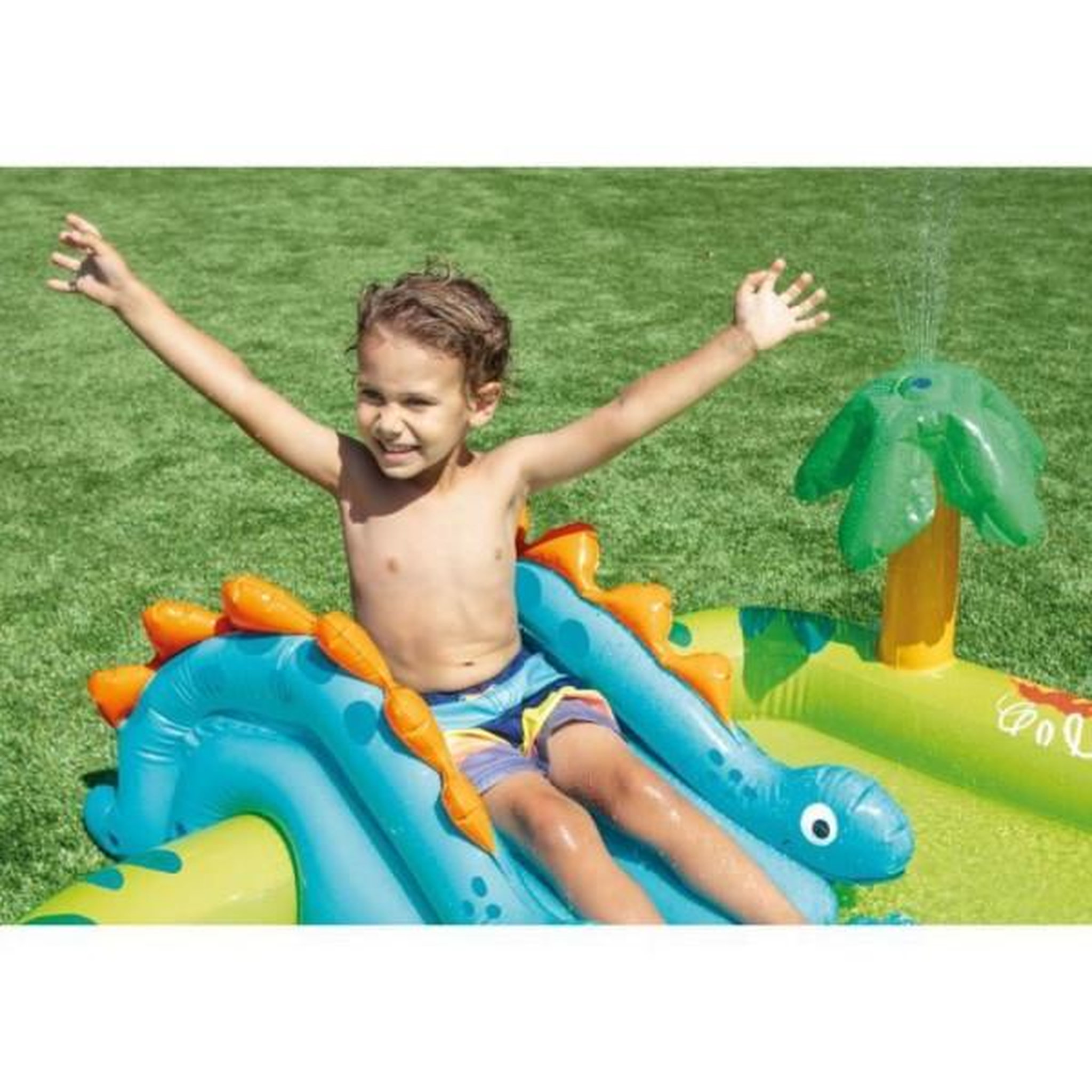 Voir la diapositive 2 : INTEX Aire de jeux gonflable - intex - petit dino - 143 litres - 2 ans+ - 191 x 152 x 58 cm - inclus : toboggan, fontaine, dino gonfla