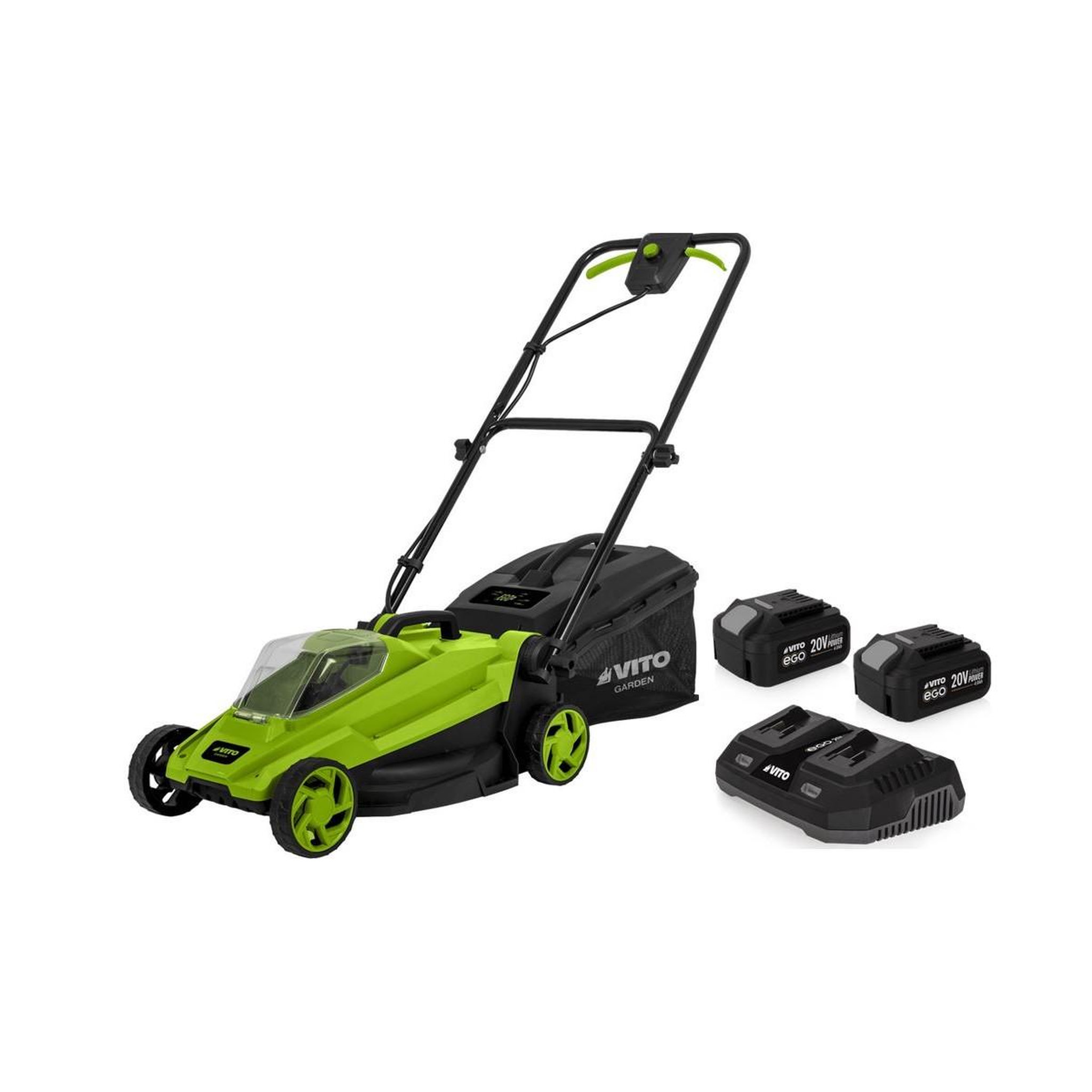 Voir la diapositive 1 : VITO Tondeuse à gazon 20v + 2 batteries lithium 4.0ah chargeur double bac 30l gazon 500m2 vito