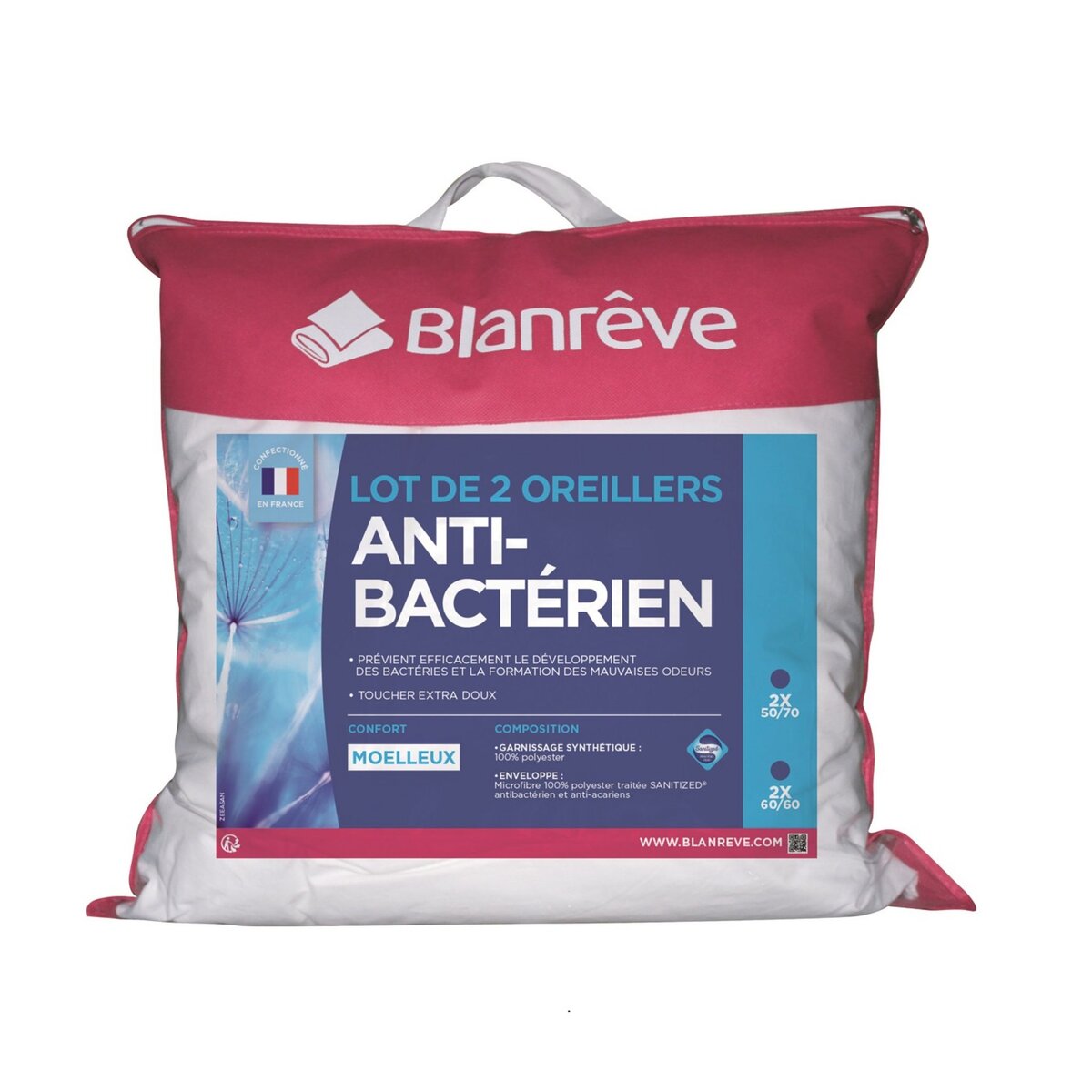 BLANREVE Lot de 2 oreillers moelleux microfibre anti-bactériens sanitized