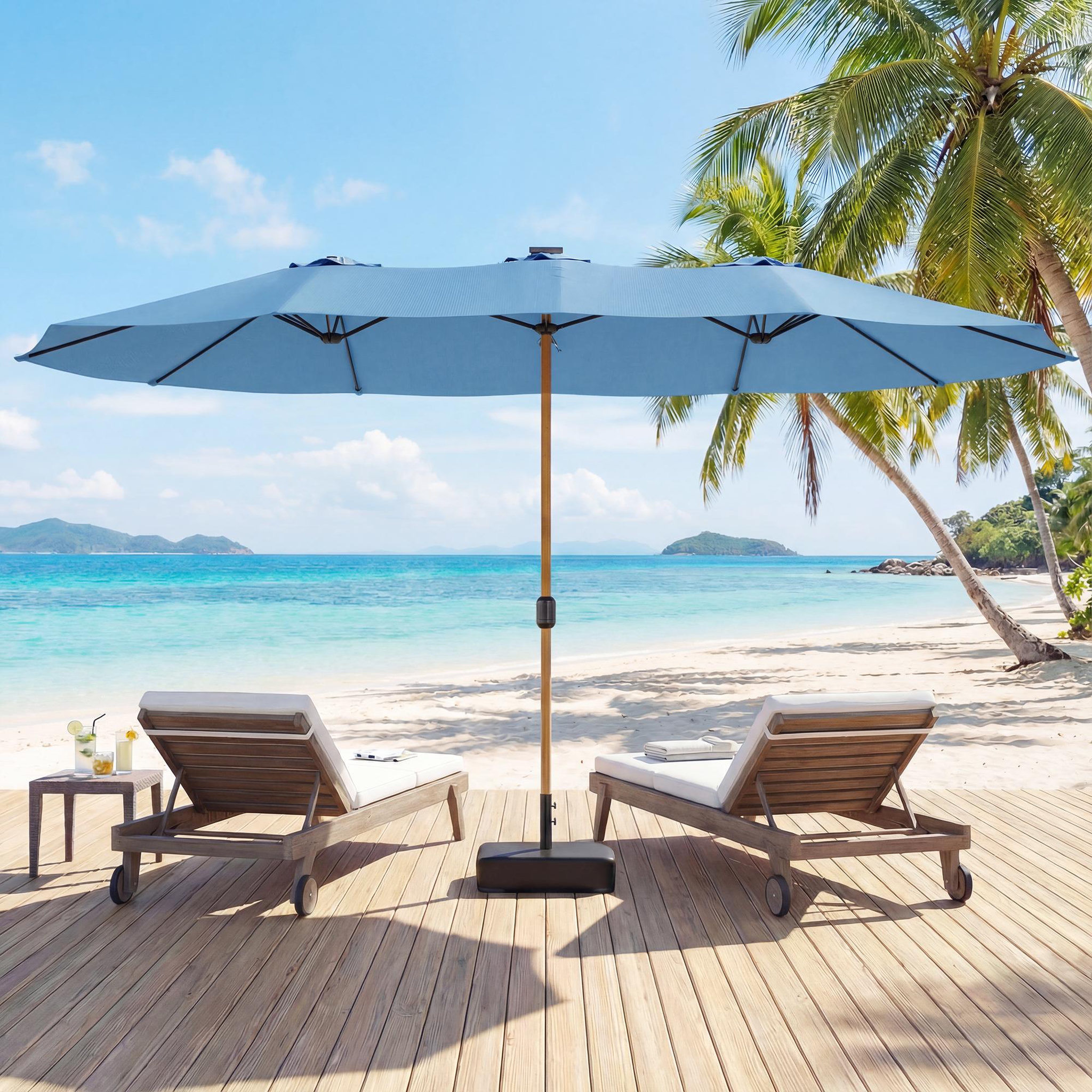 Voir la diapositive 4 : OUTSUNNY Parasol de jardin double XXL mât métal effet bois manivelle pied à lester inclus