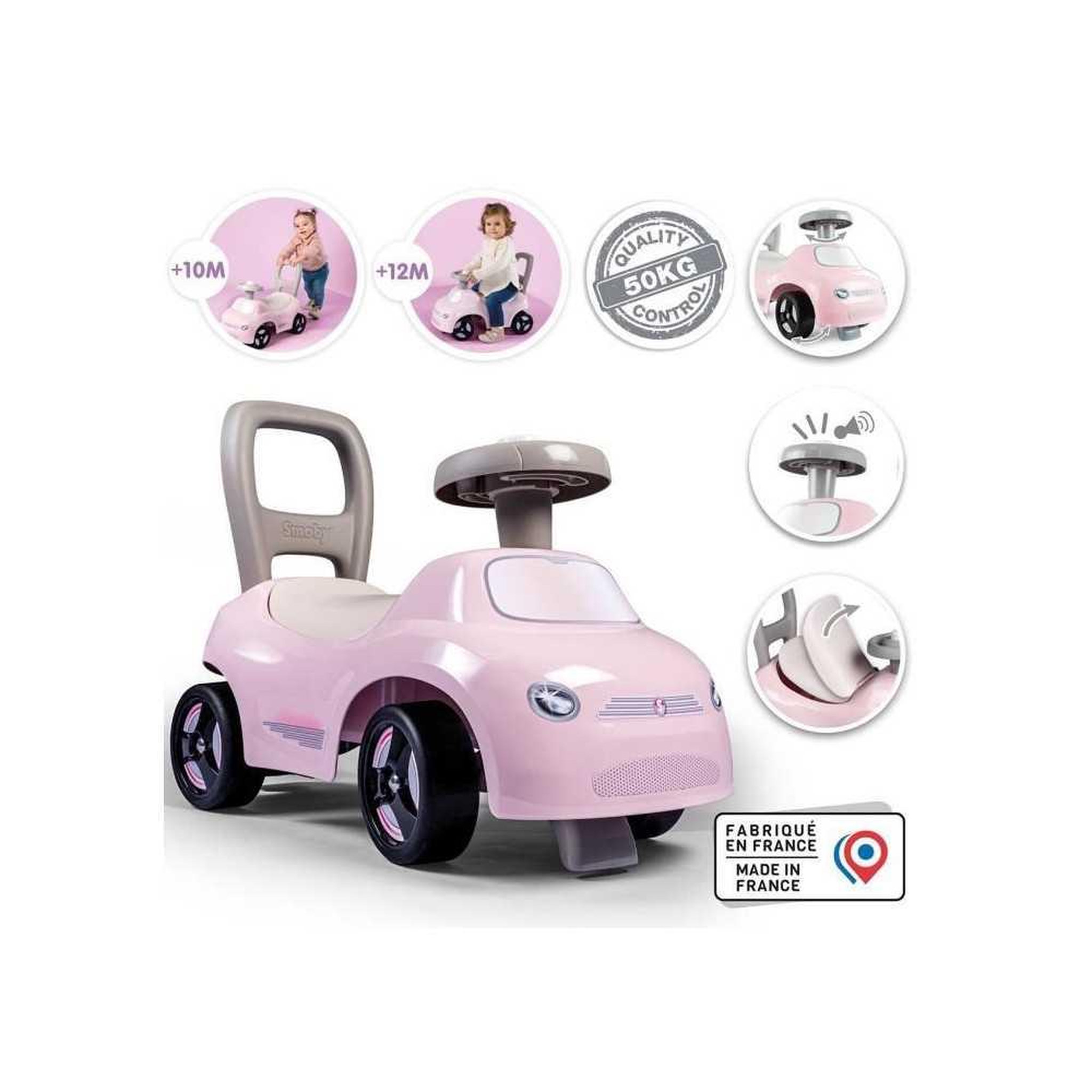 SMOBY Smoby - Porteur enfant 2 en 1 - Auto Rose - Coffre sous la selle + klaxon - Des 10 mois - Fabrication française
