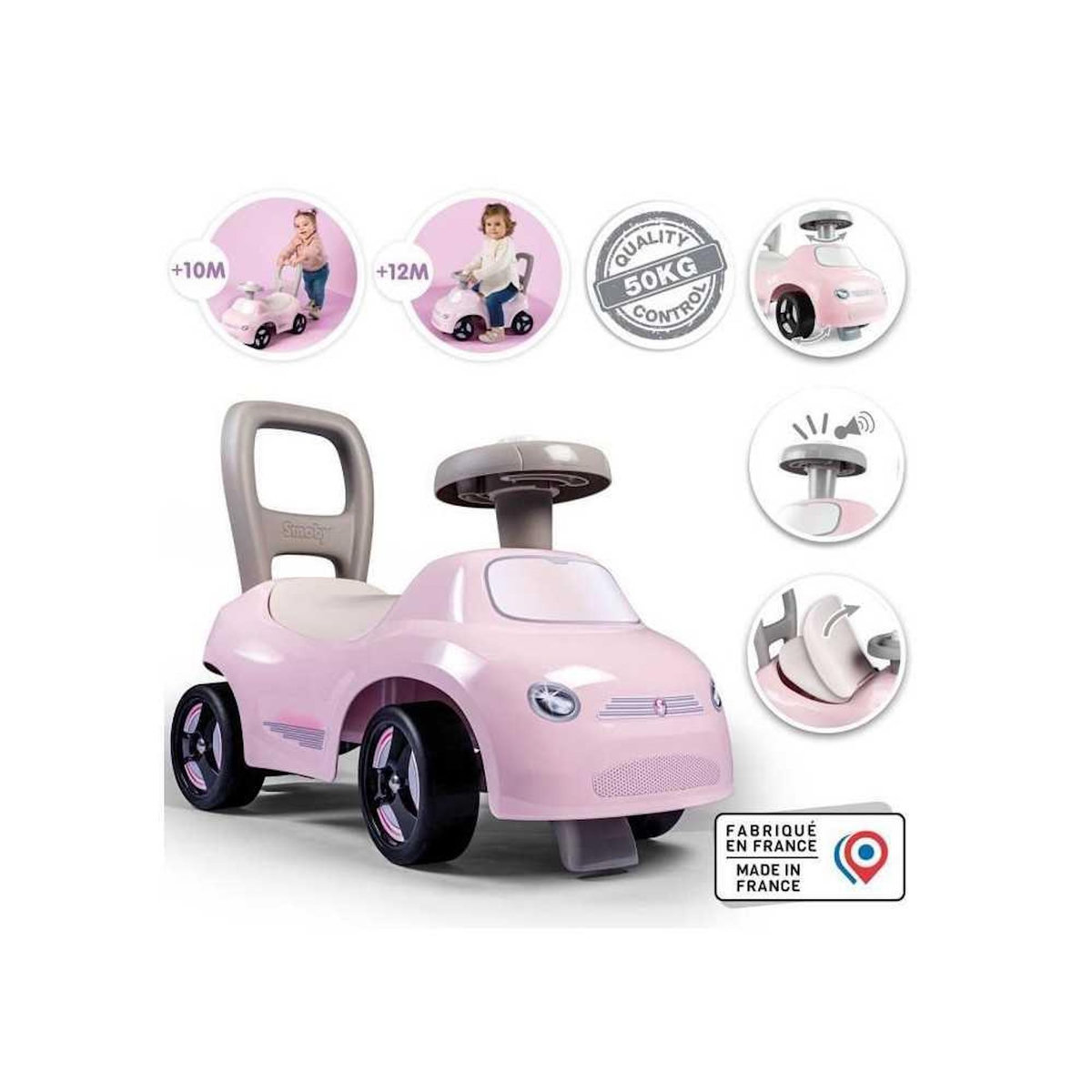 SMOBY Smoby - Porteur enfant 2 en 1 - Auto Rose - Coffre sous la selle + klaxon - Des 10 mois - Fabrication française