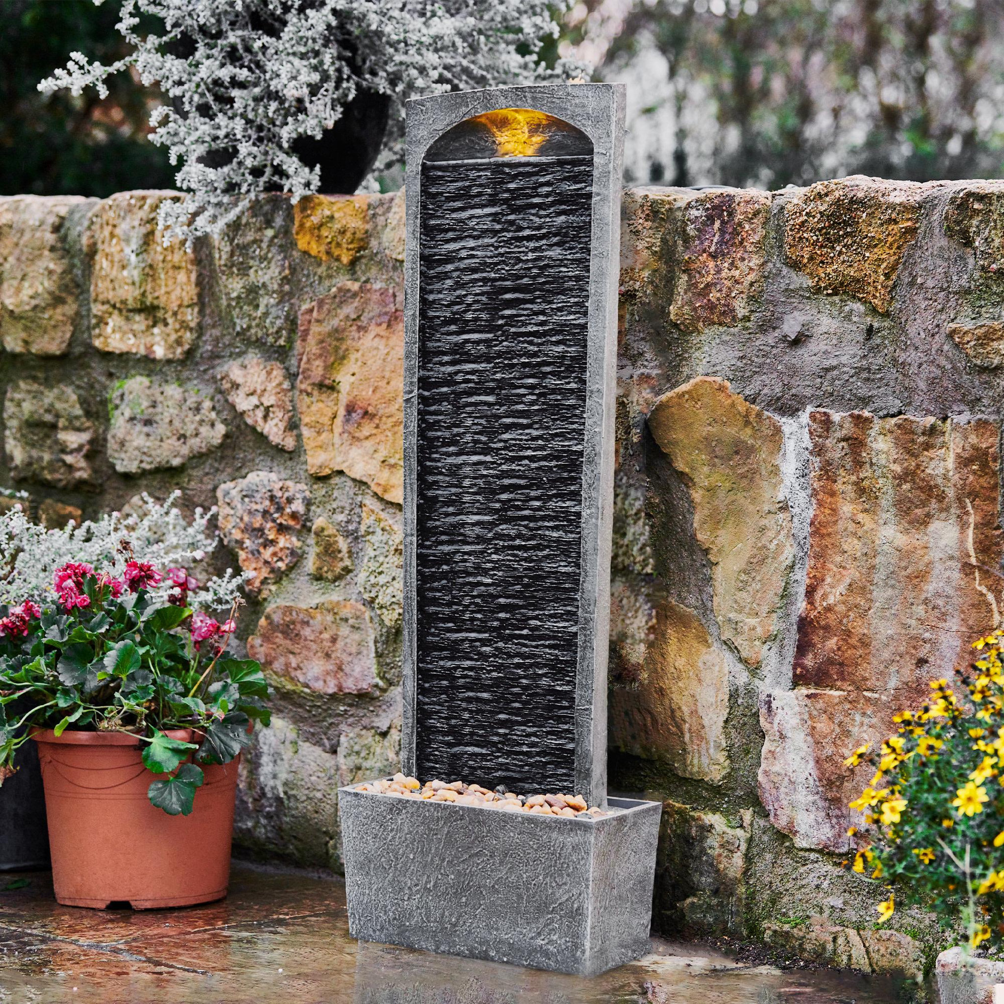 Voir la diapositive 3 : TEAMSON HOME Fontaine cascade LED extérieure 98 cm, façade texturée et galets