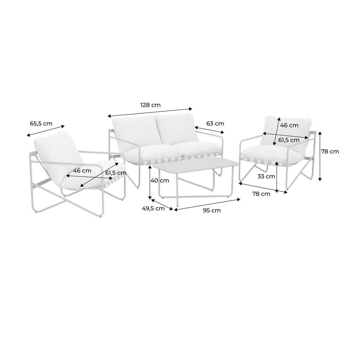SWEEEK Salon de jardin 4 places avec table en métal, avec dossier et assise maintenus par des sangles