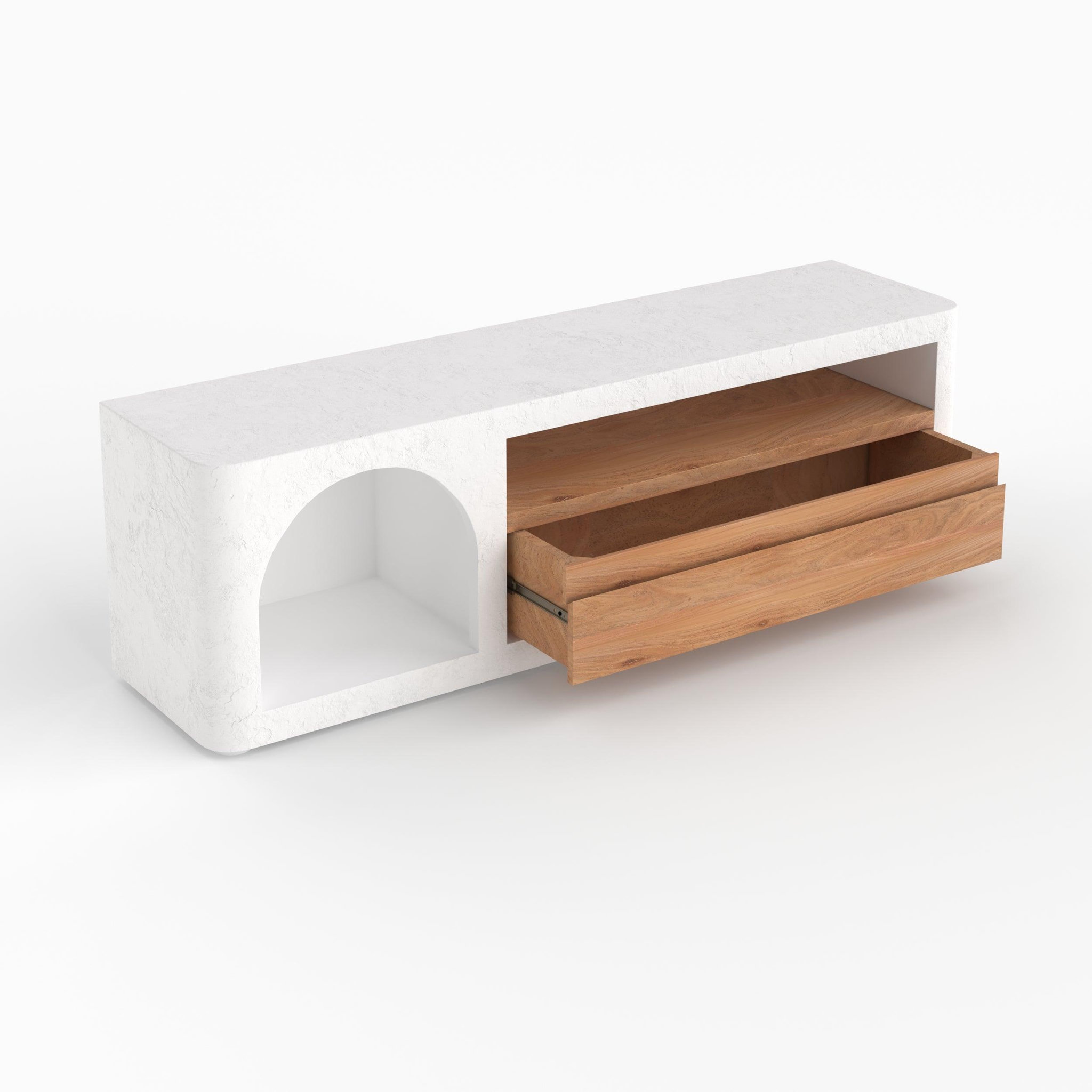 Voir la diapositive 6 : MAISON PAVANE Meuble tv en plâtre blanc cassé 140 cm avec tiroir-fira